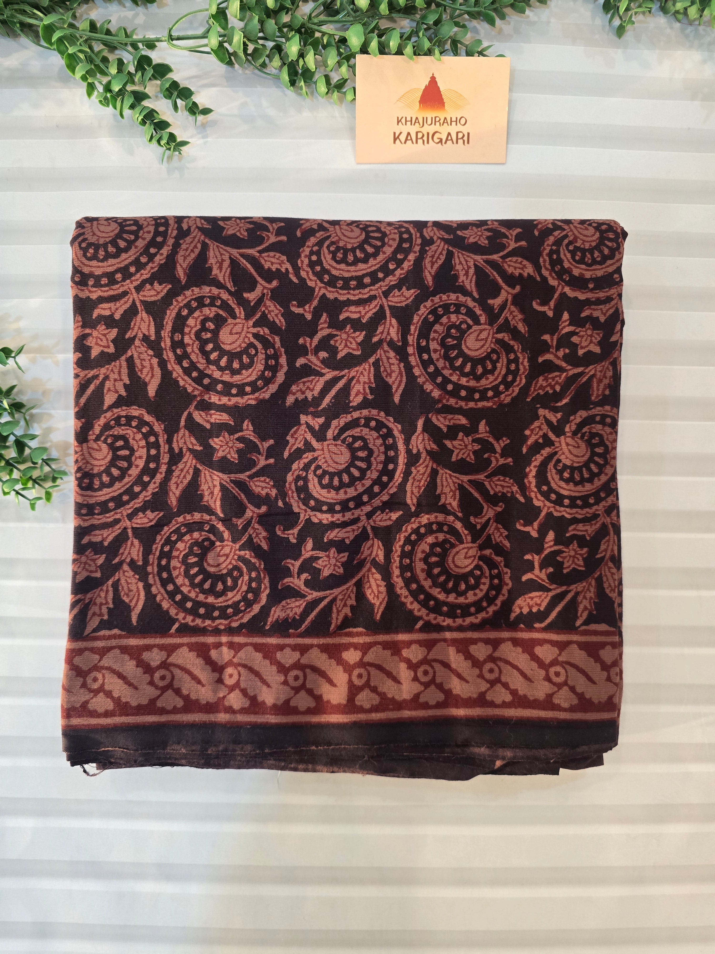 Bagh Hand Block Print Mul Cotton Saree in Black with Rust Floral Jaal Motifs