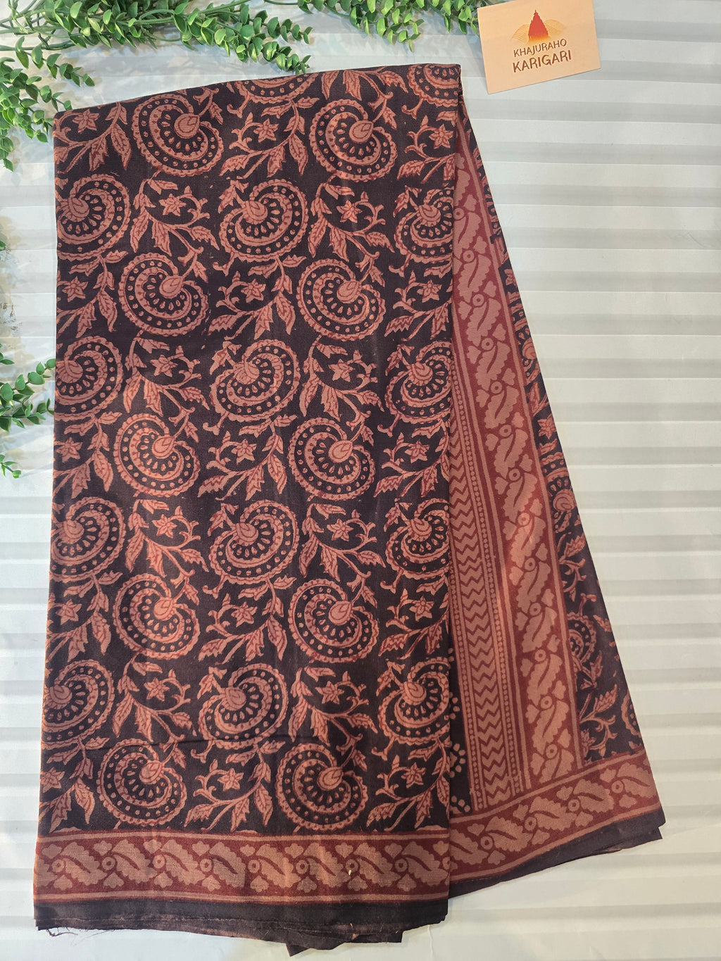 Bagh Hand Block Print Mul Cotton Saree in Black with Rust Floral Jaal Motifs