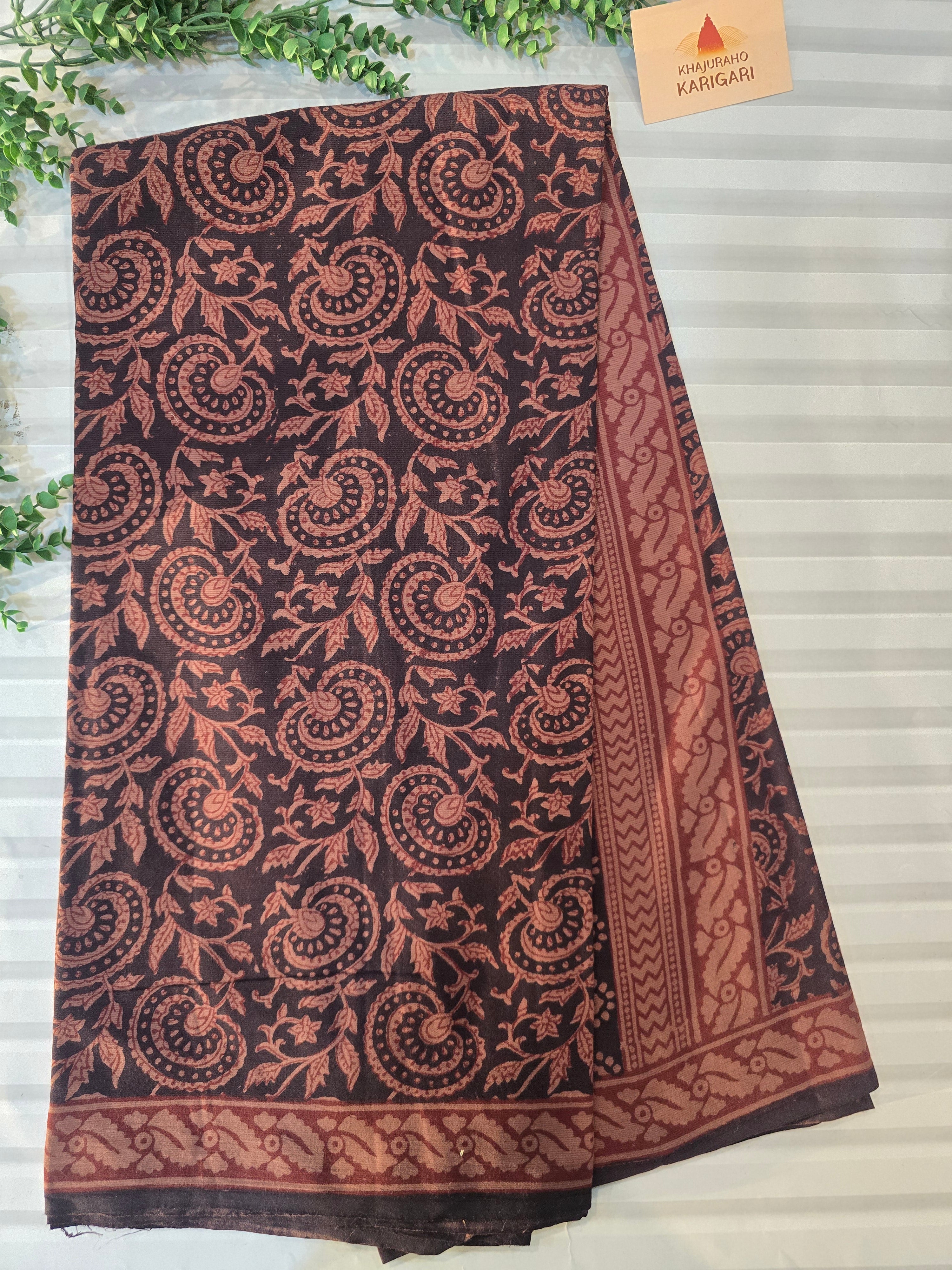 Bagh Hand Block Print Mul Cotton Saree in Black with Rust Floral Jaal Motifs