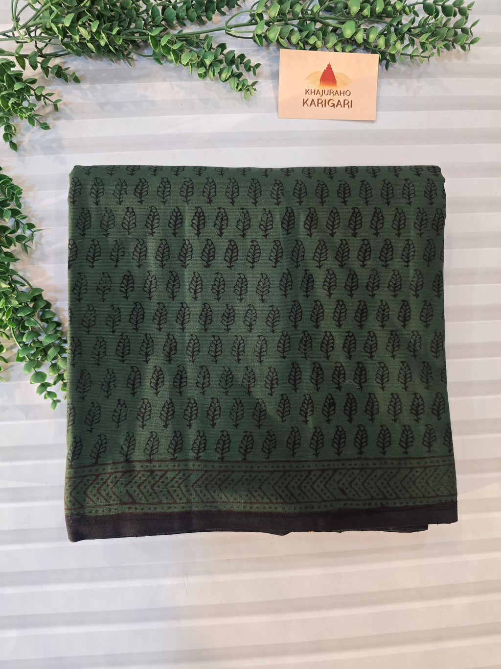 Bagh Hand Block Print Mul Cotton Saree – Green and Black