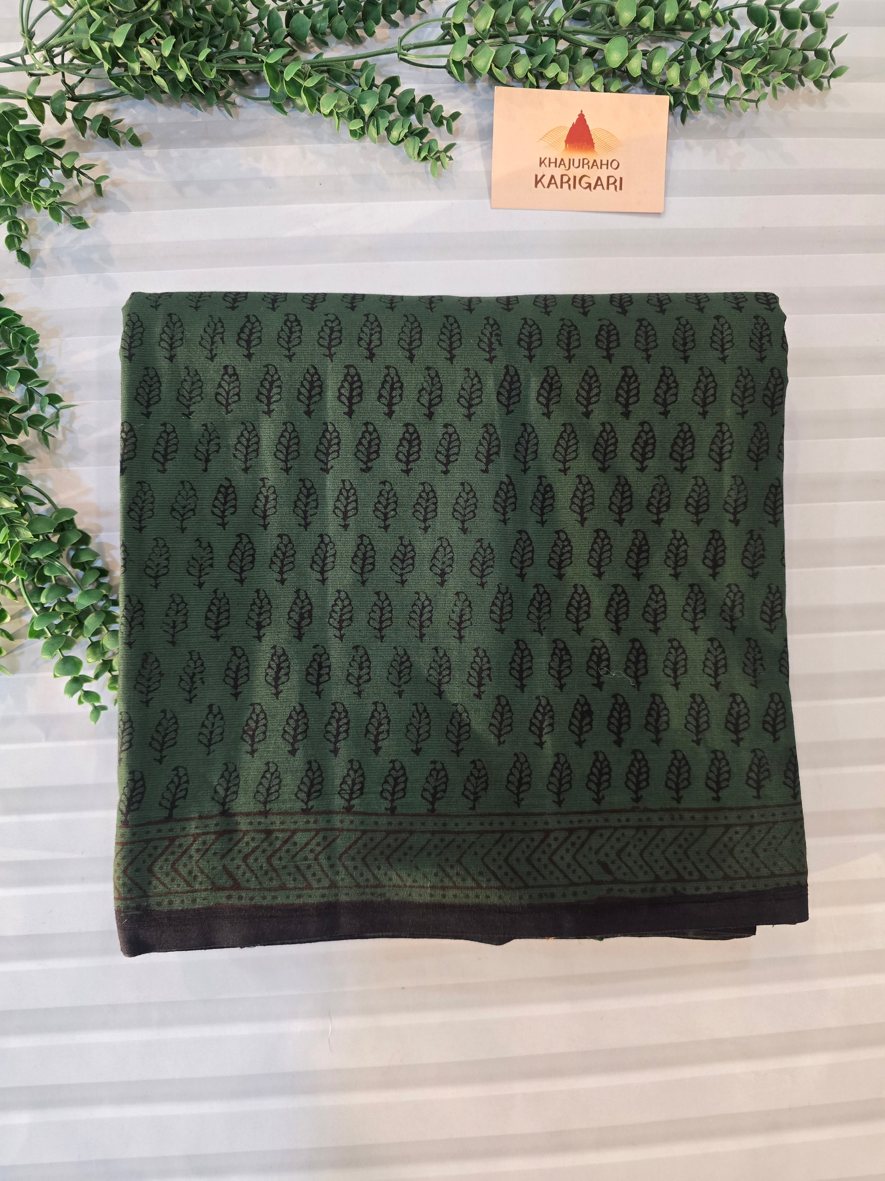 Bagh Hand Block Print Mul Cotton Saree – Green and Black