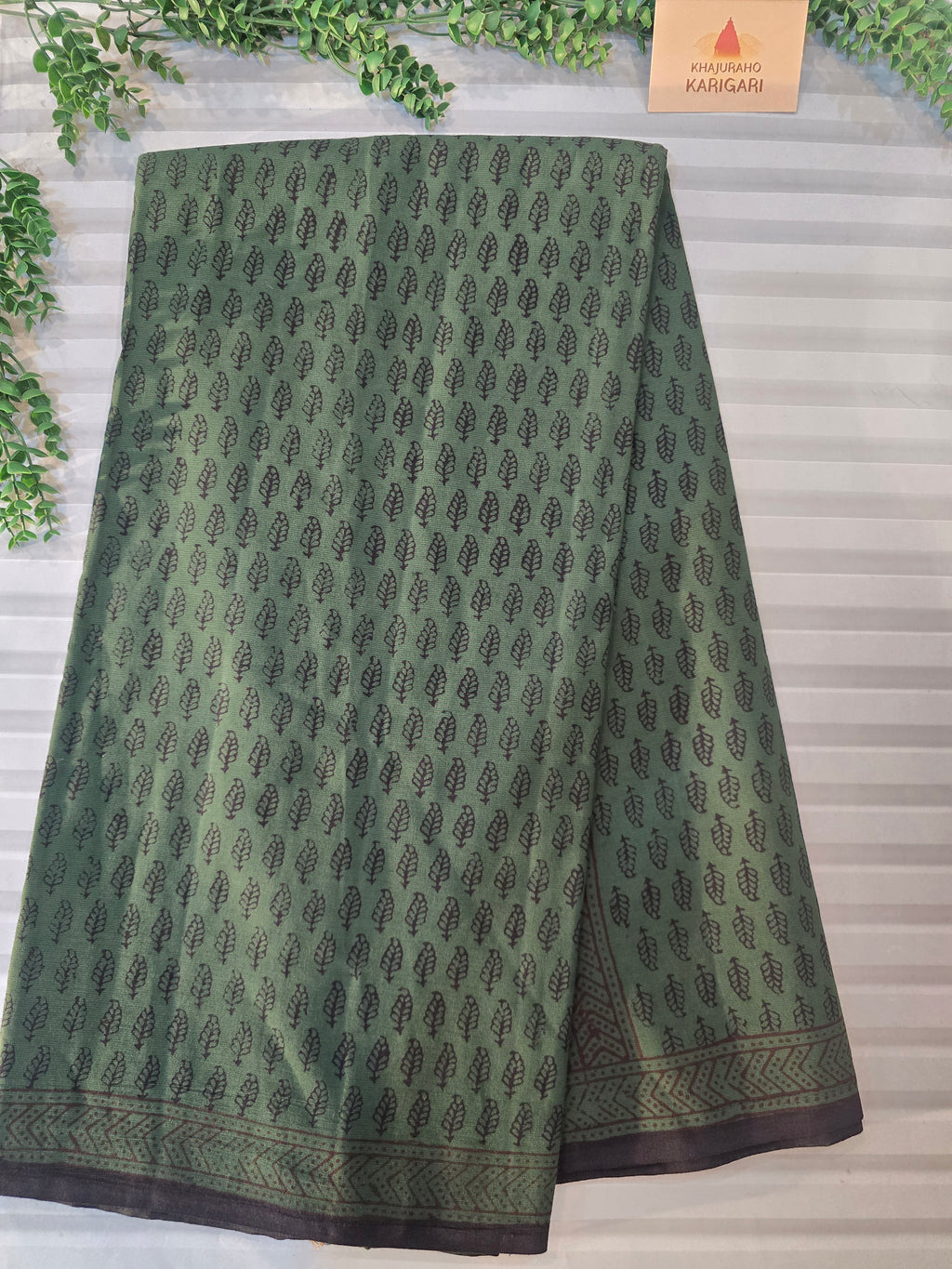 Bagh Hand Block Print Mul Cotton Saree – Green and Black