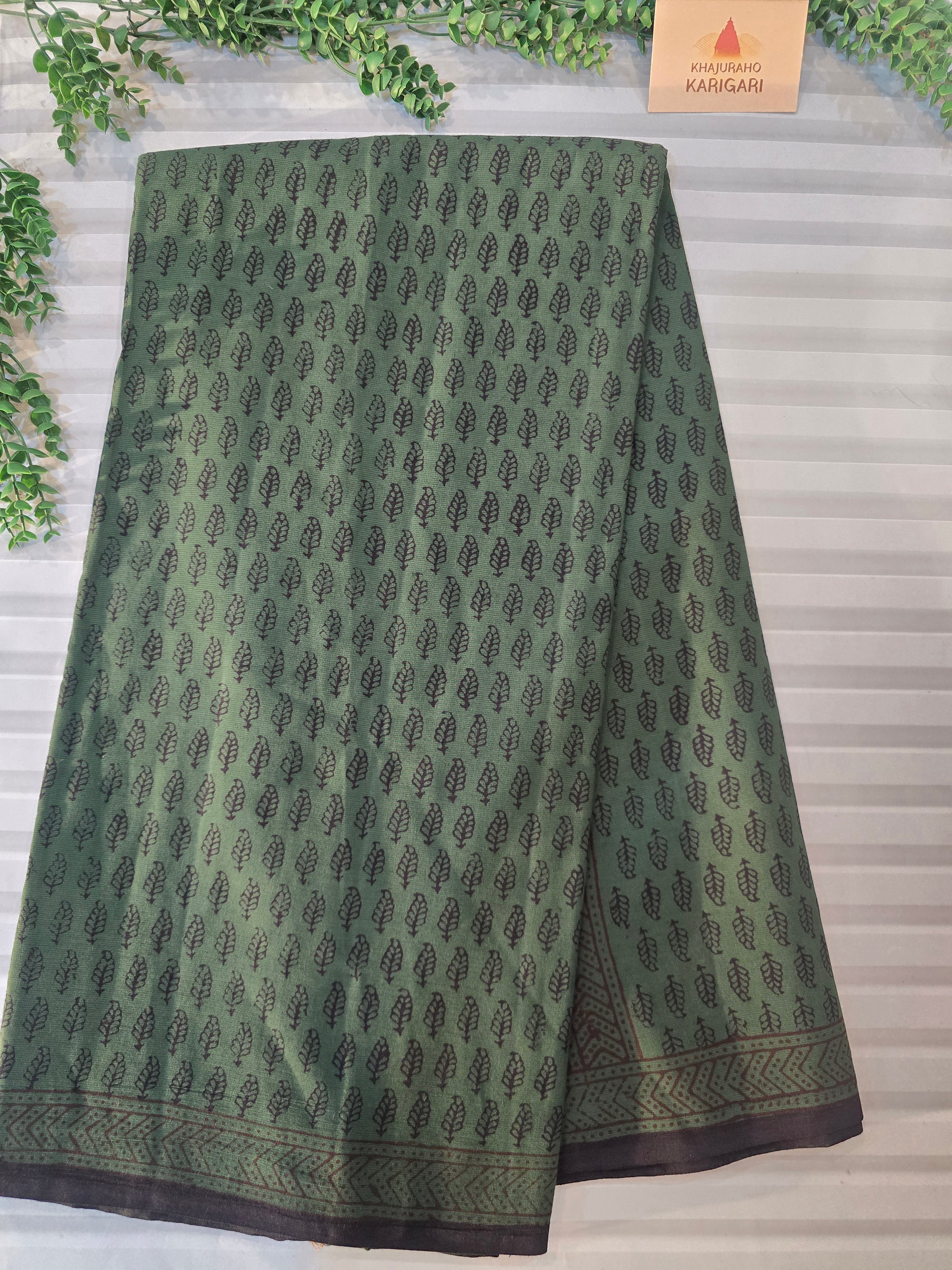 Bagh Hand Block Print Mul Cotton Saree – Green and Black