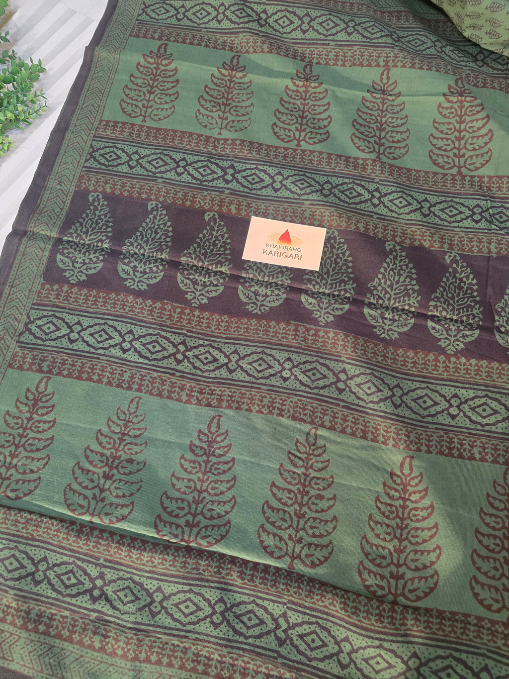 Bagh Hand Block Print Mul Cotton Saree – Green and Black