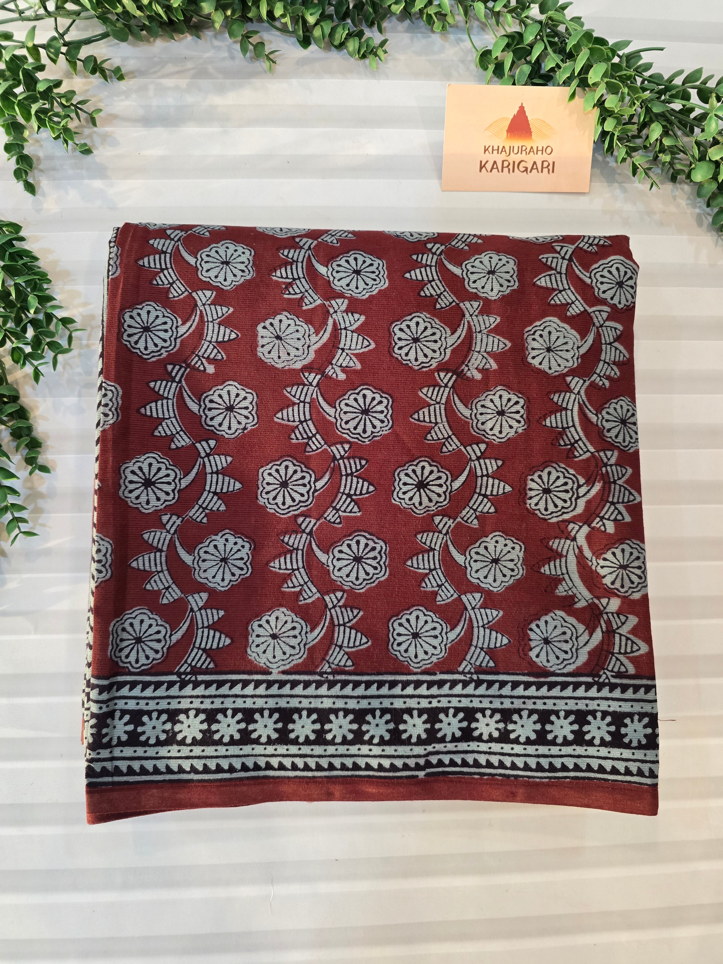 Bagh Hand Block Printed Mul Cotton Saree | Red & Powdered Blue Floral