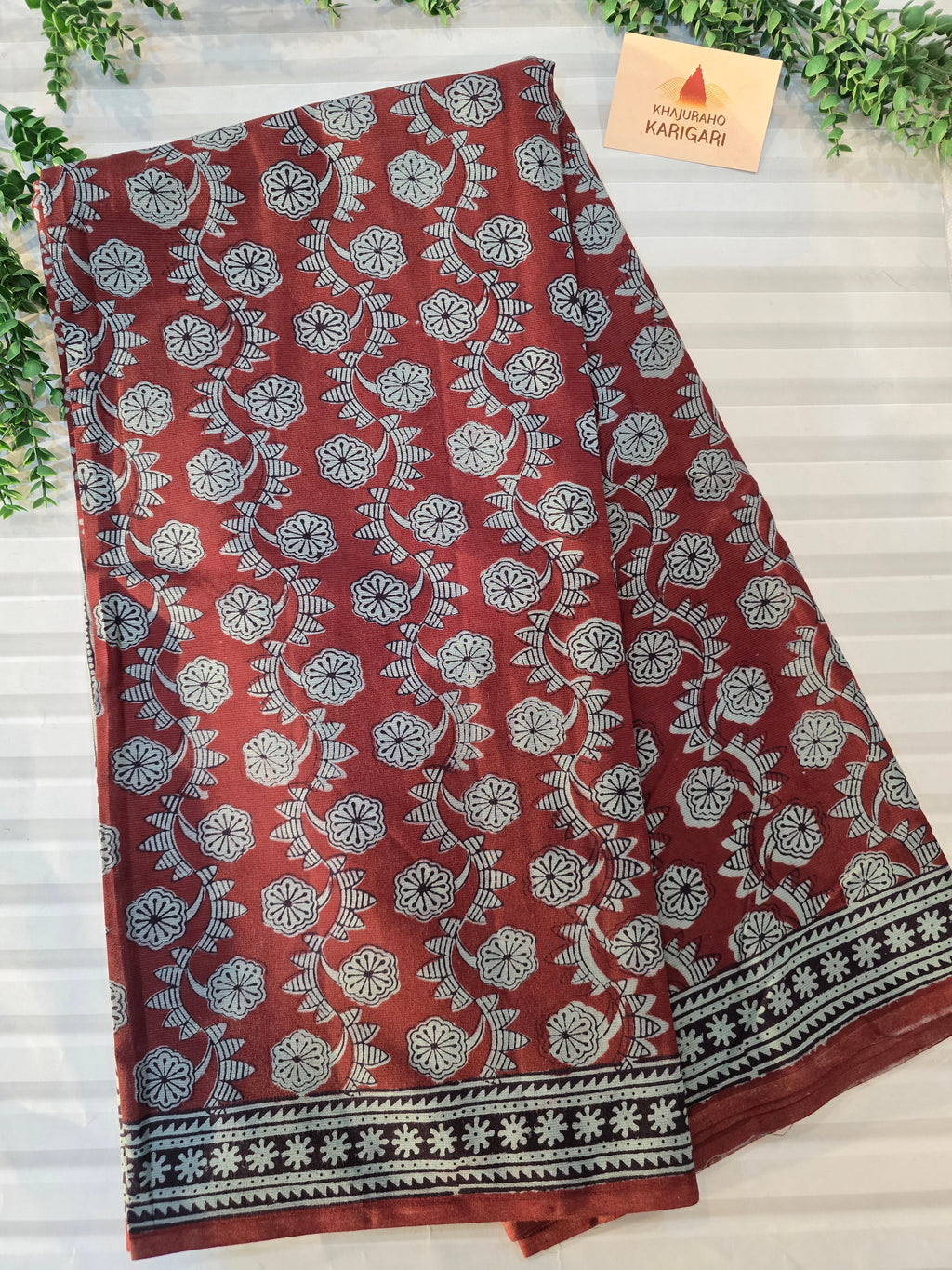 Bagh Hand Block Printed Mul Cotton Saree | Red & Powdered Blue Floral