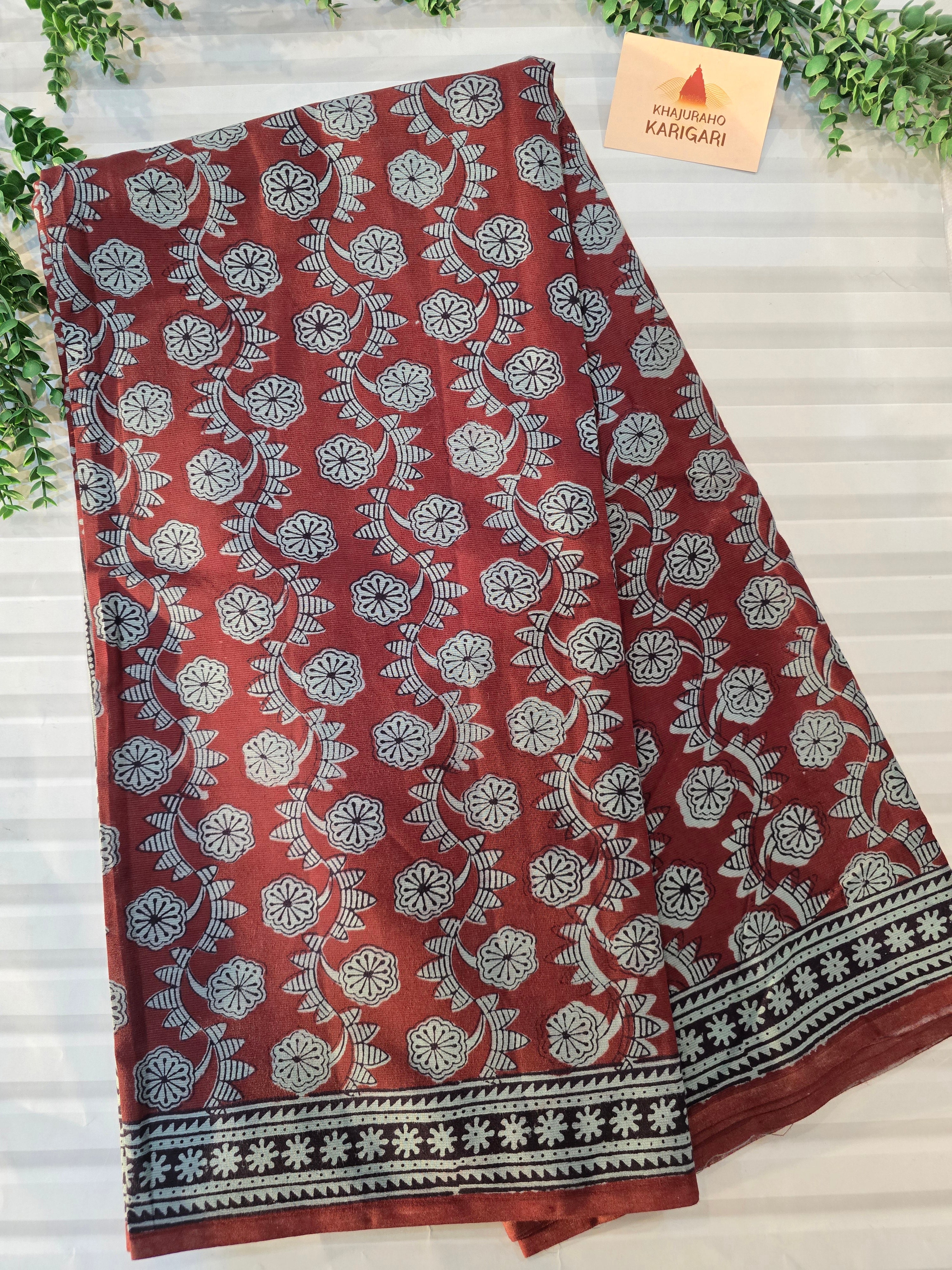 Bagh Hand Block Printed Mul Cotton Saree | Red & Powdered Blue Floral
