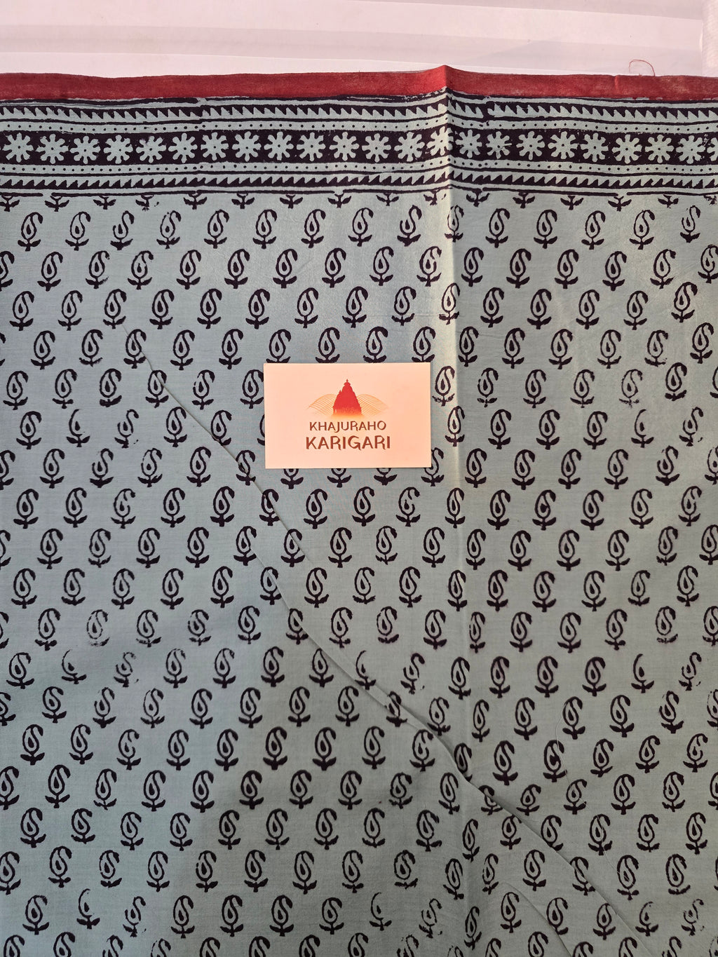 Bagh Hand Block Printed Mul Cotton Saree | Red & Powdered Blue Floral