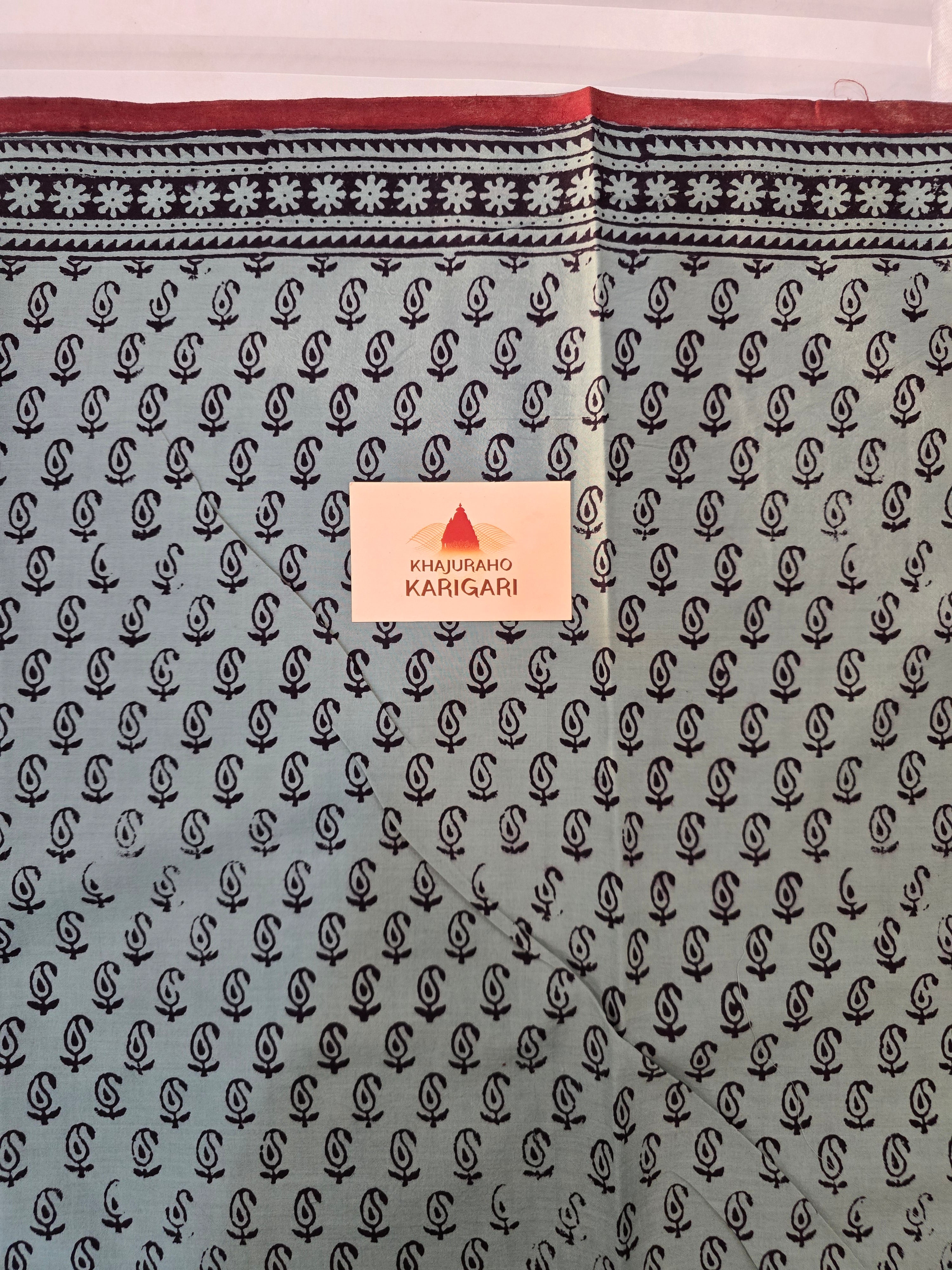 Bagh Hand Block Printed Mul Cotton Saree | Red & Powdered Blue Floral