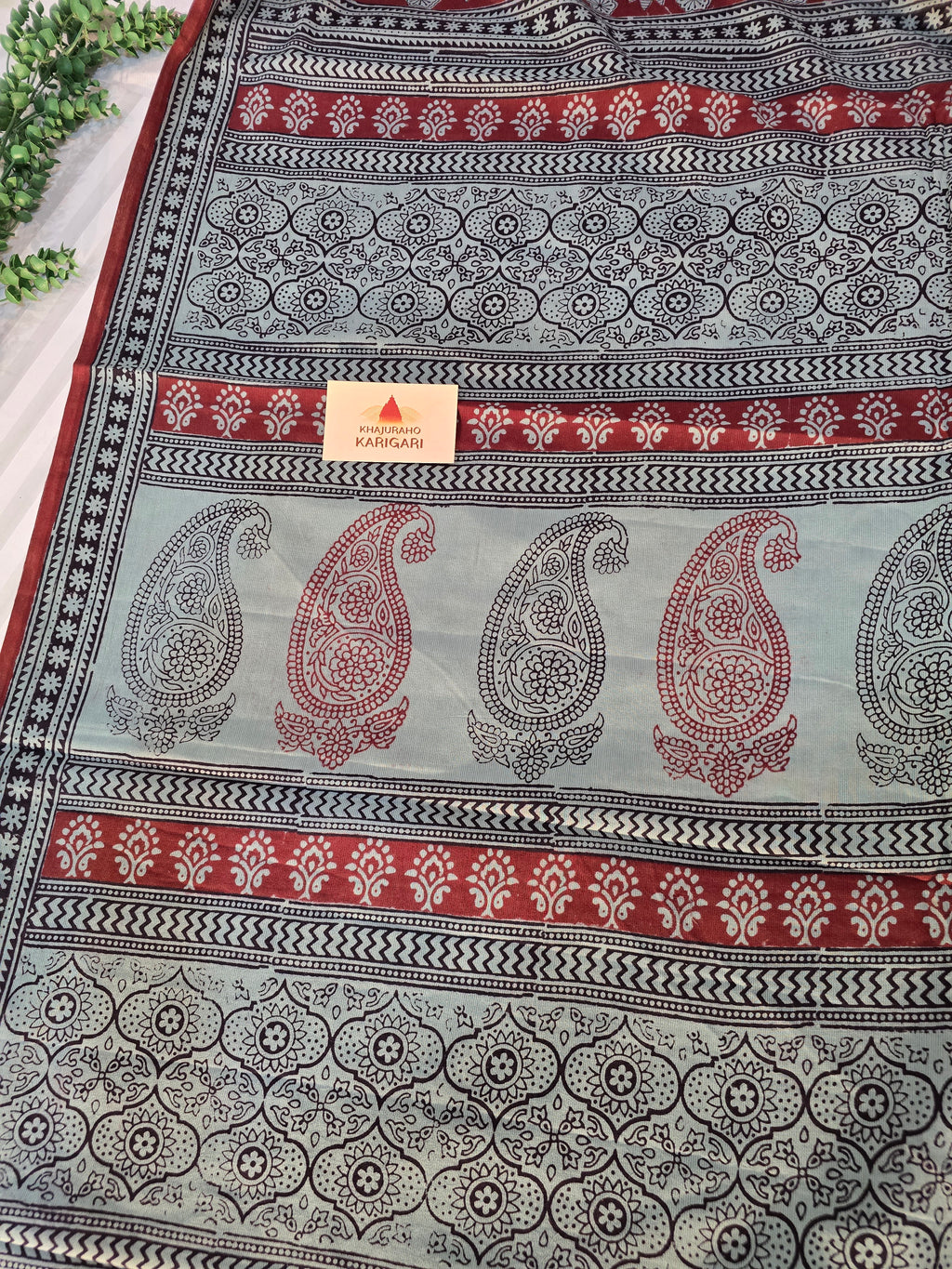 Bagh Hand Block Printed Mul Cotton Saree | Red & Powdered Blue Floral