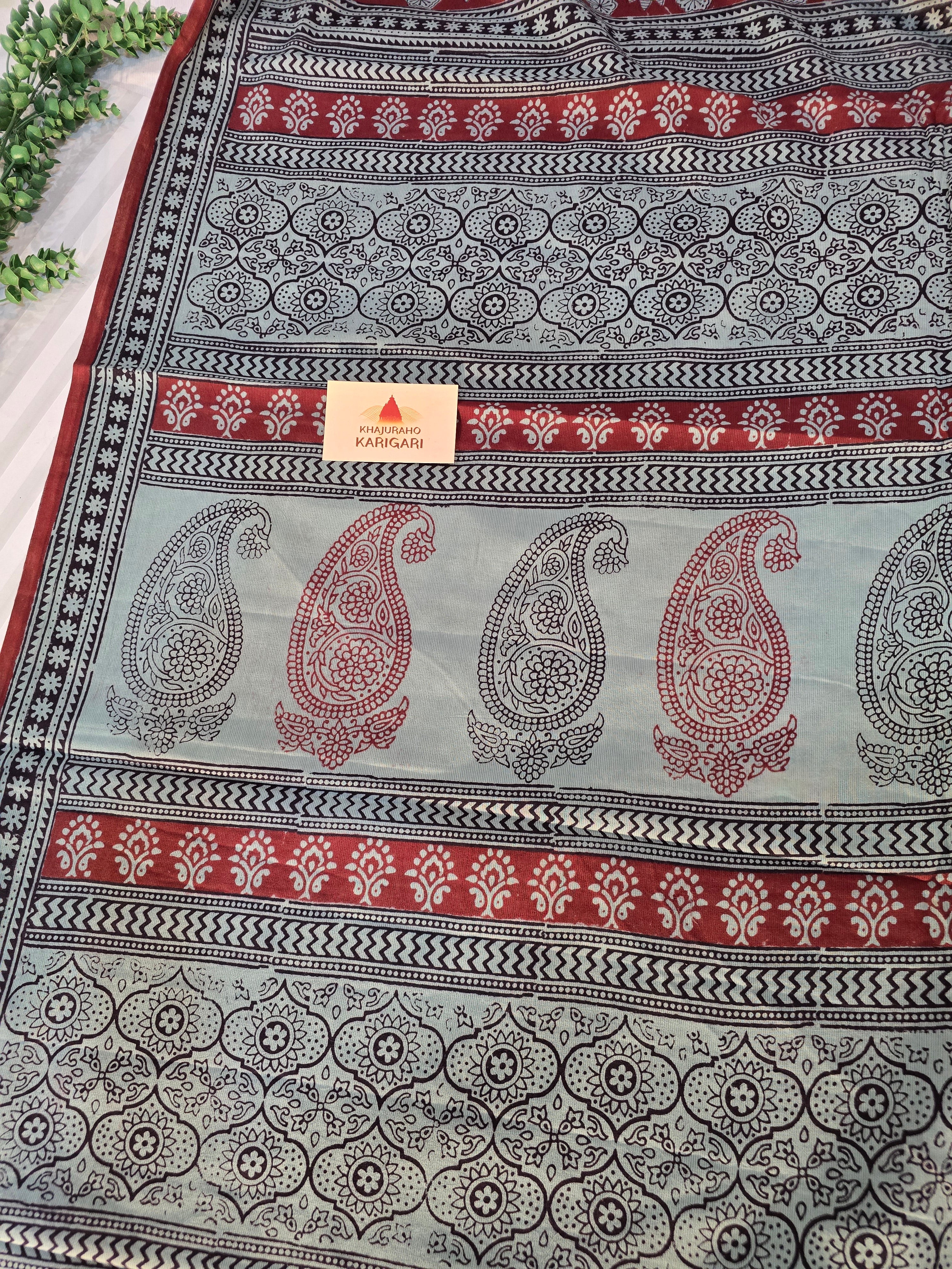Bagh Hand Block Printed Mul Cotton Saree | Red & Powdered Blue Floral