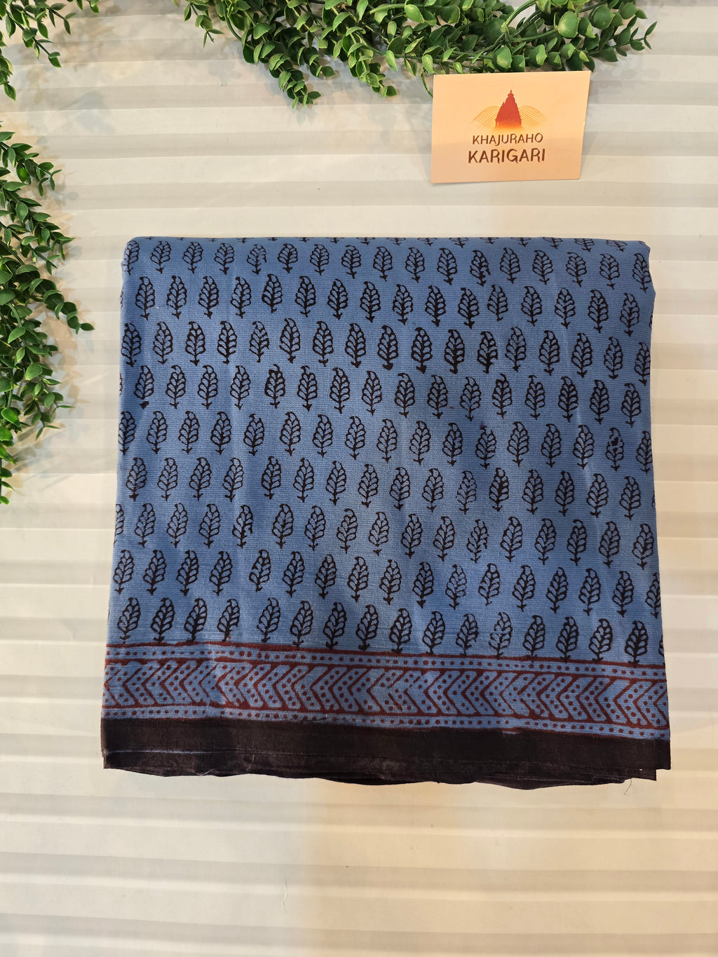Bagh Hand Block Print Mul Cotton Saree in Blue & Black