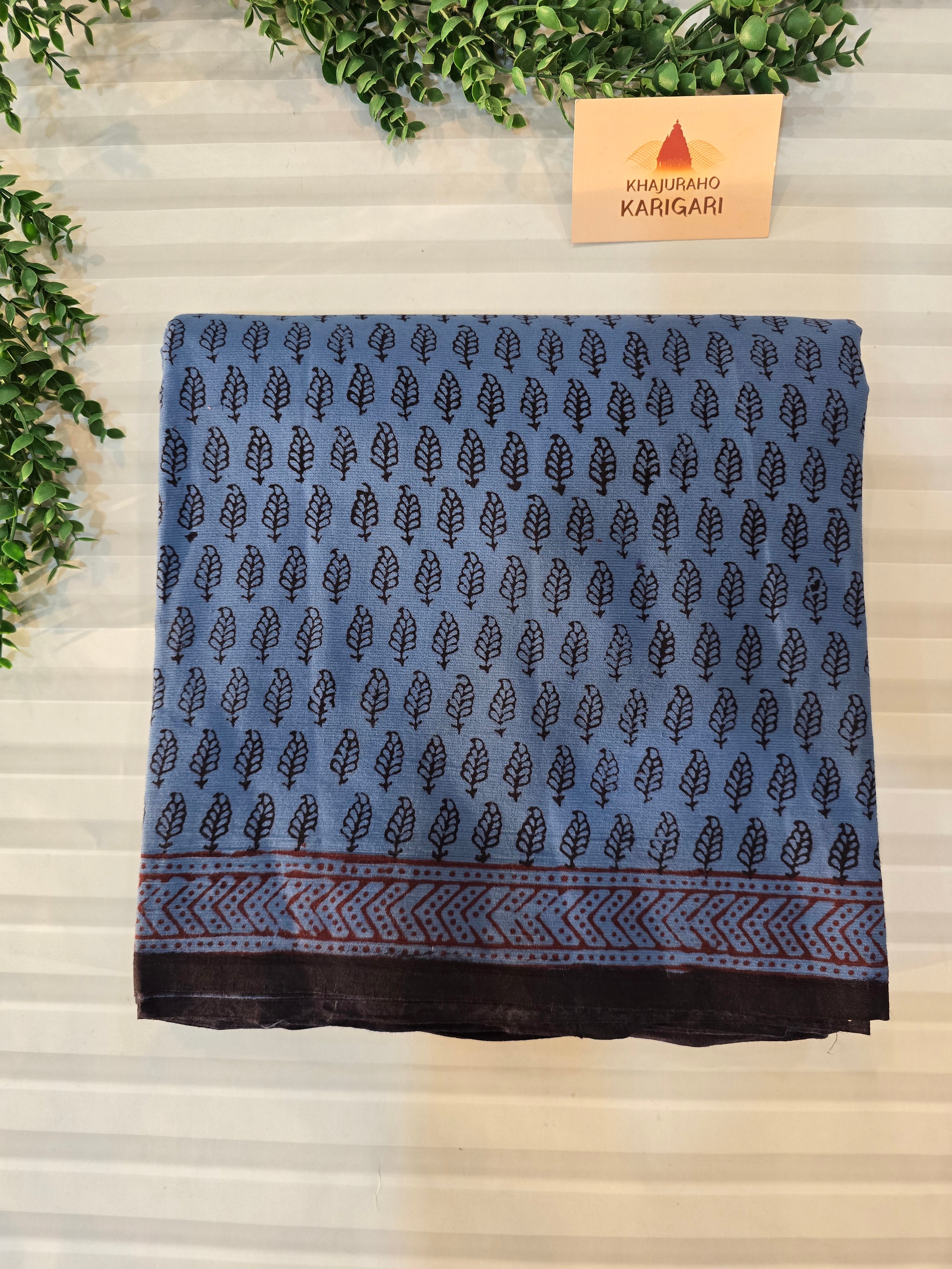 Bagh Hand Block Print Mul Cotton Saree in Blue & Black