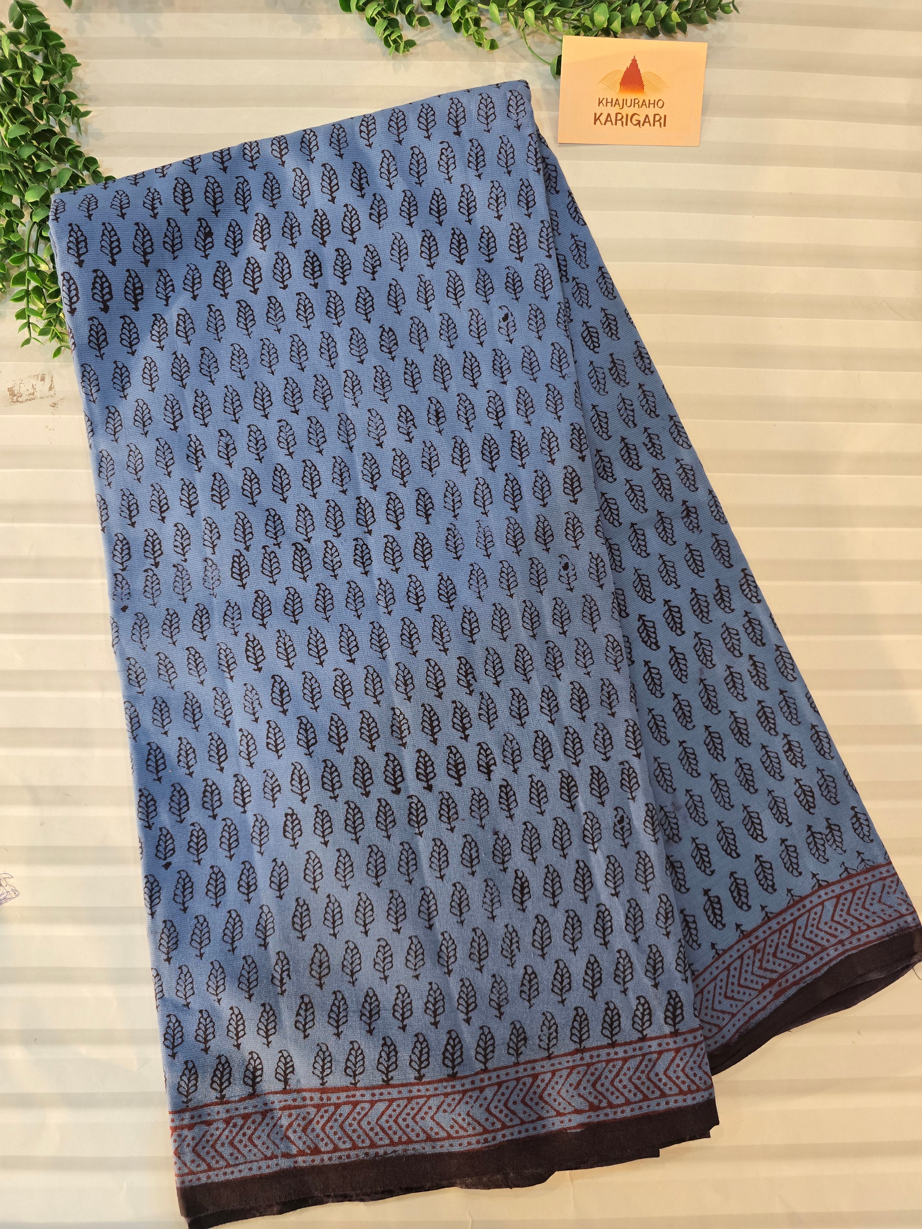 Bagh Hand Block Print Mul Cotton Saree in Blue & Black
