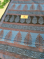 Bagh Hand Block Print Mul Cotton Saree in Blue & Black