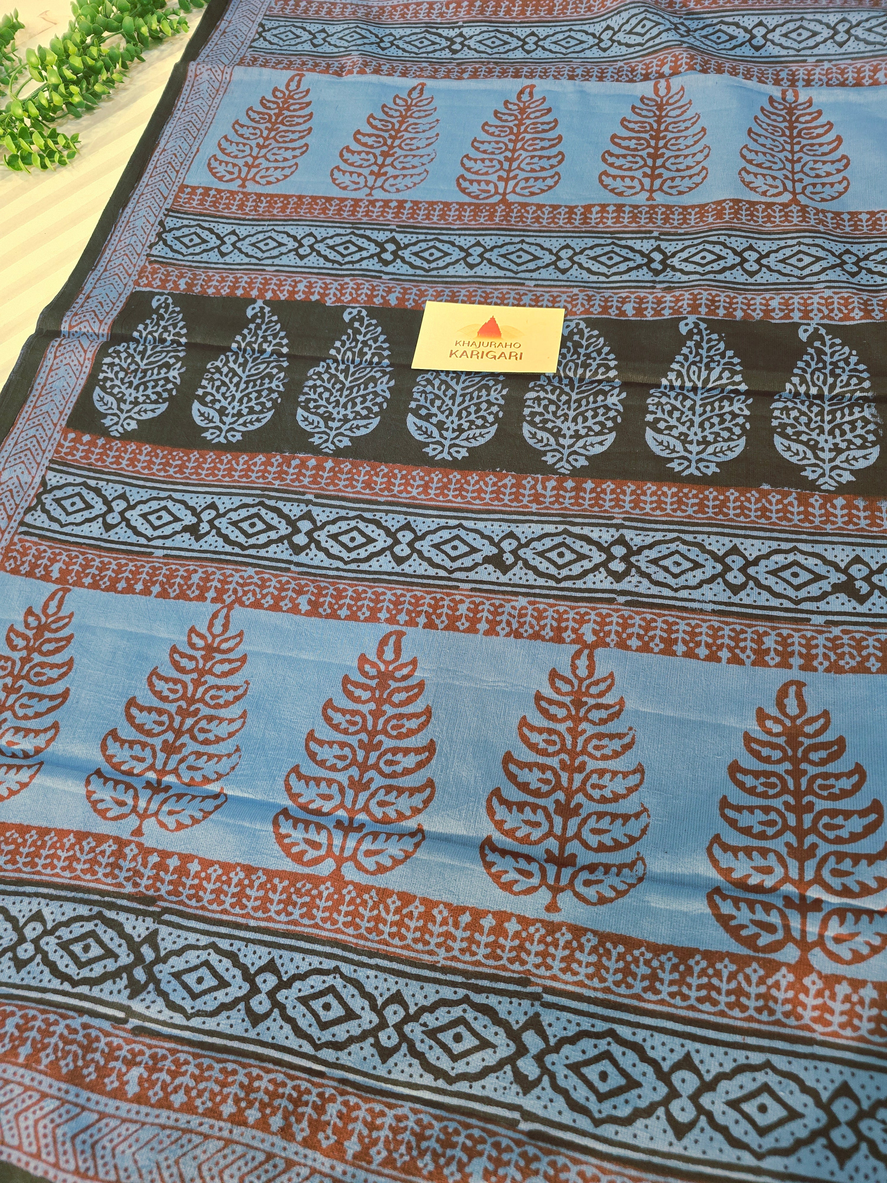 Bagh Hand Block Print Mul Cotton Saree in Blue & Black