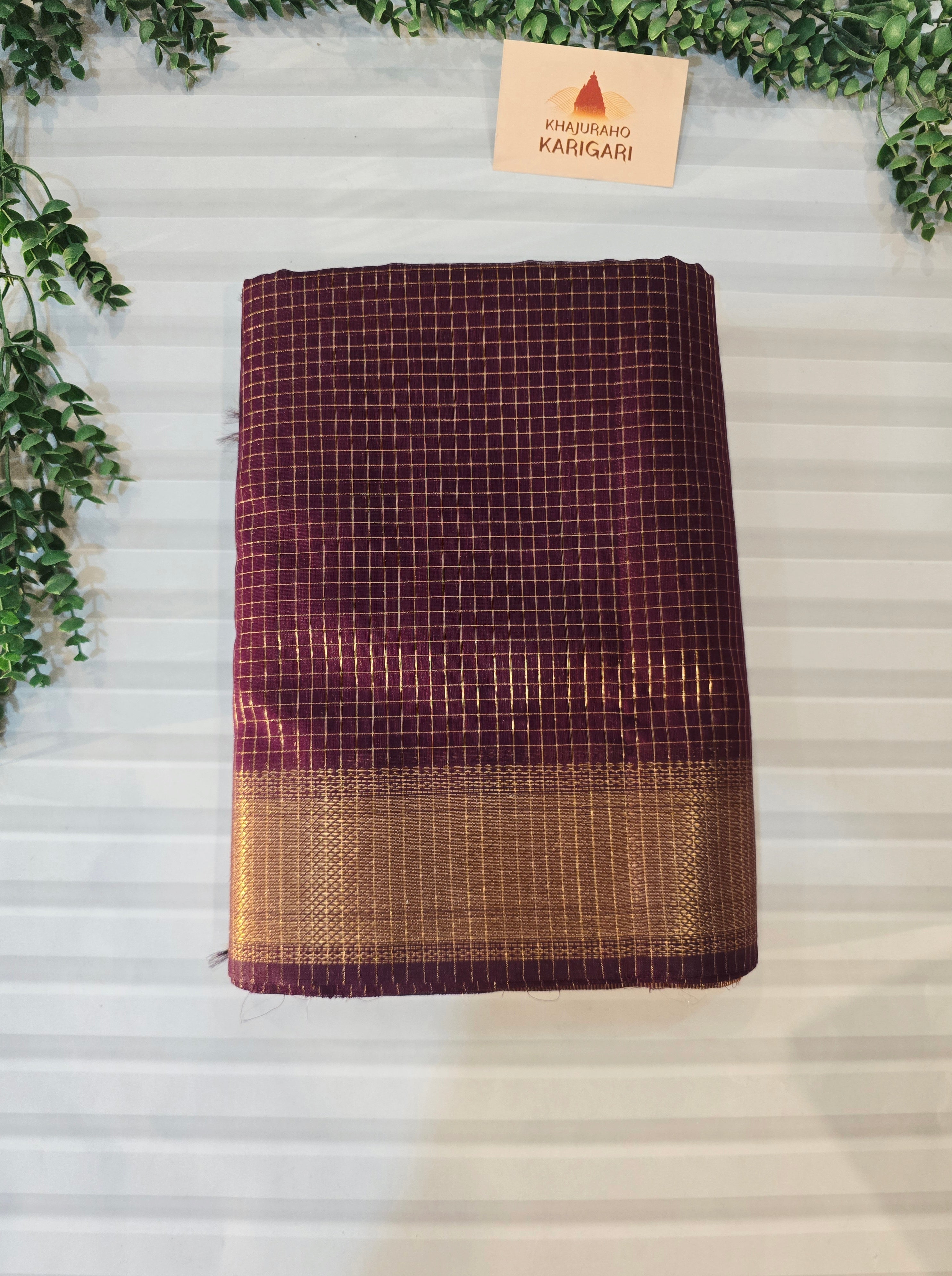 Pure Handwoven Maheshwari Zari Check Saree – Wine