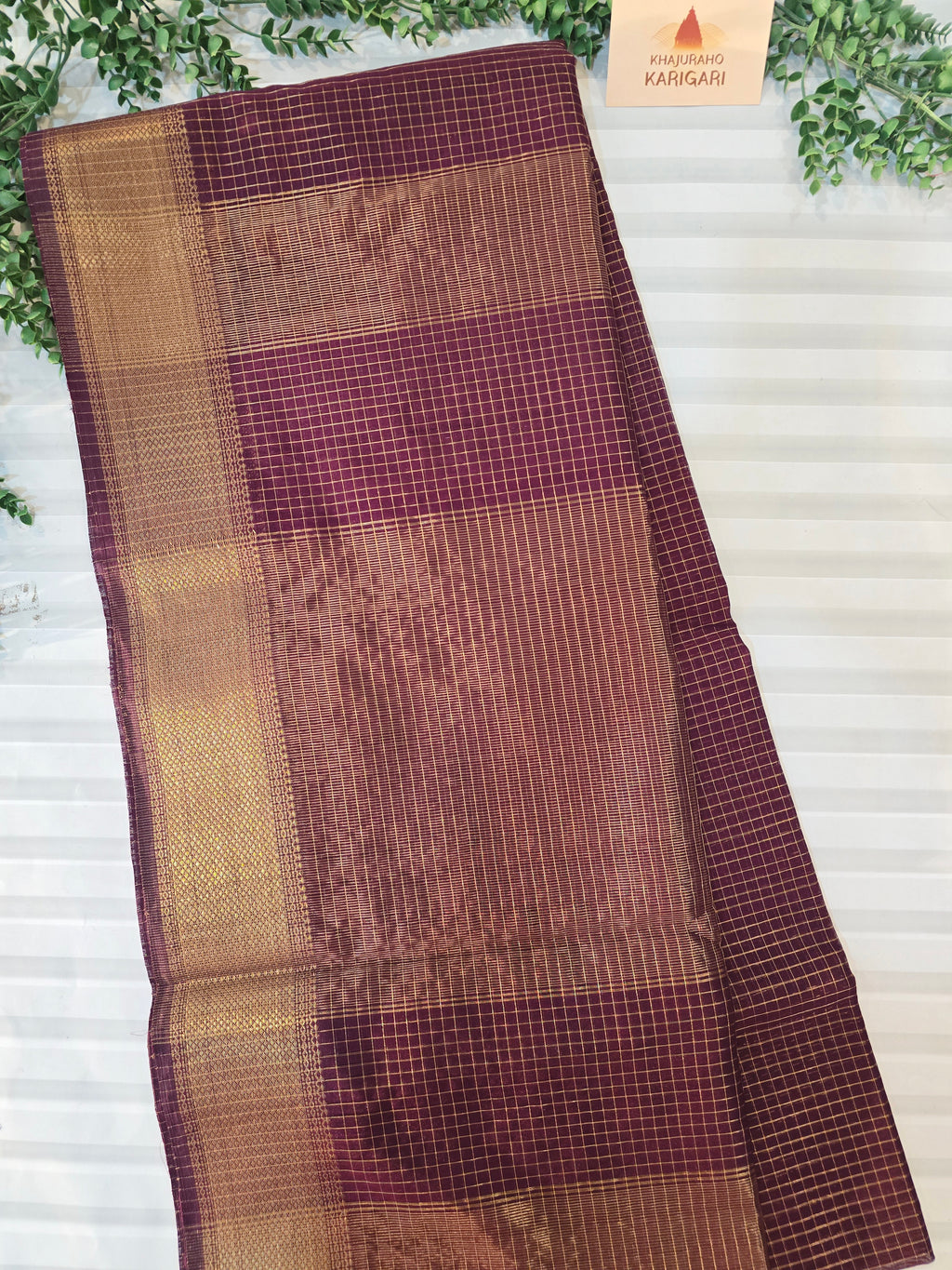 Pure Handwoven Maheshwari Zari Check Saree – Wine