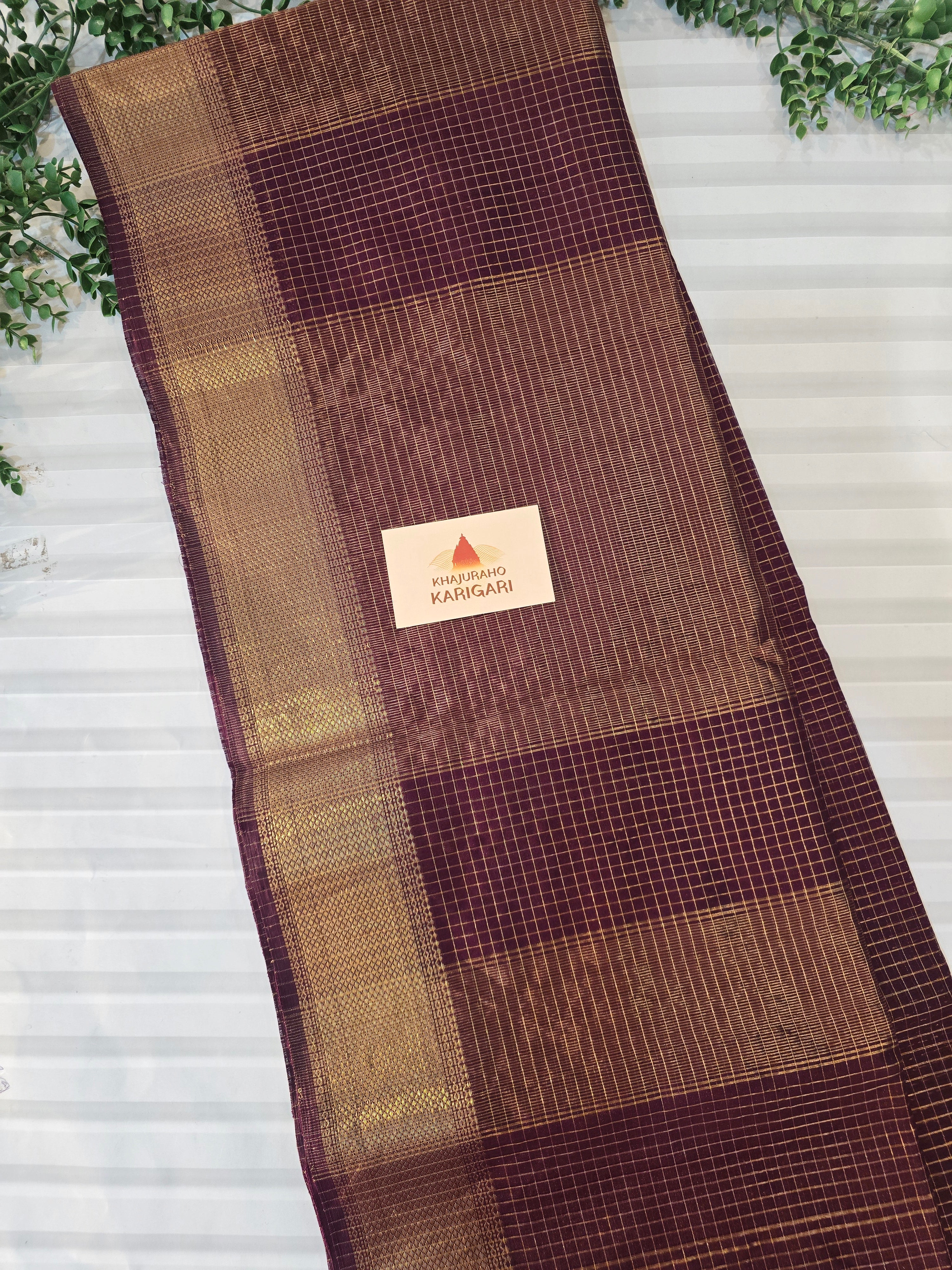 Pure Handwoven Maheshwari Zari Check Saree – Wine