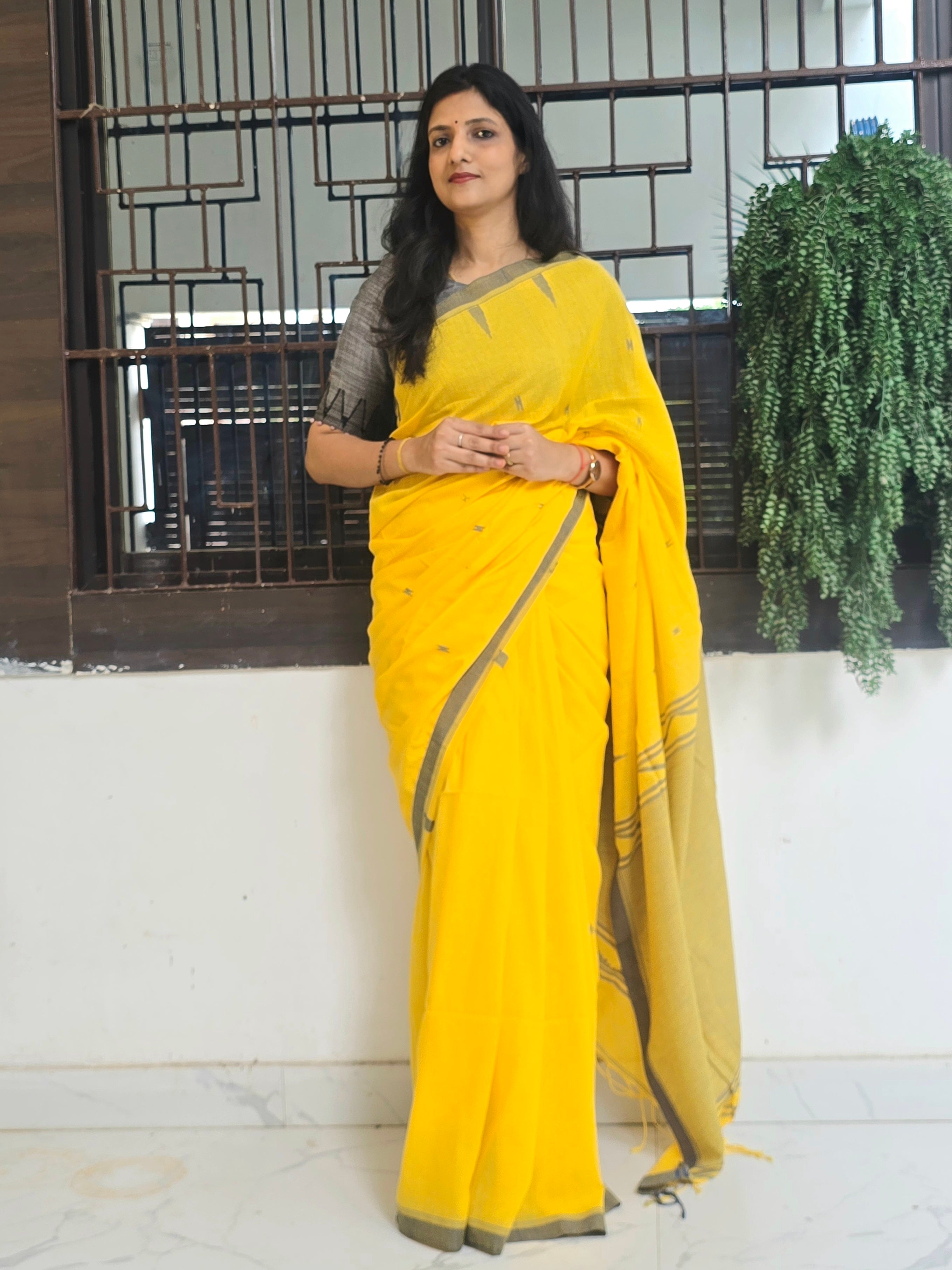 Pure Handwoven Mul Cotton Jamdani - Yellow