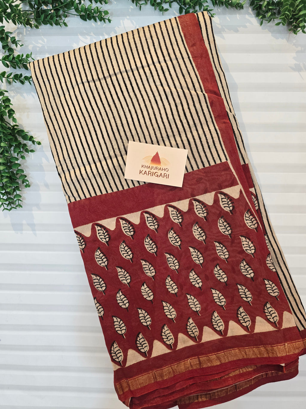 Hand block Printed Chanderi Silk Cotton Saree - Red Leaf