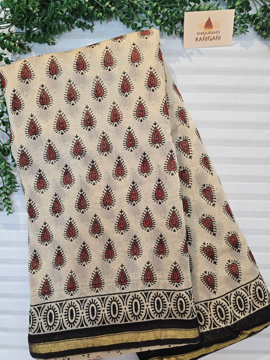 Chanderi Bagru Print Hand Block Print Saree- Beige & Black
