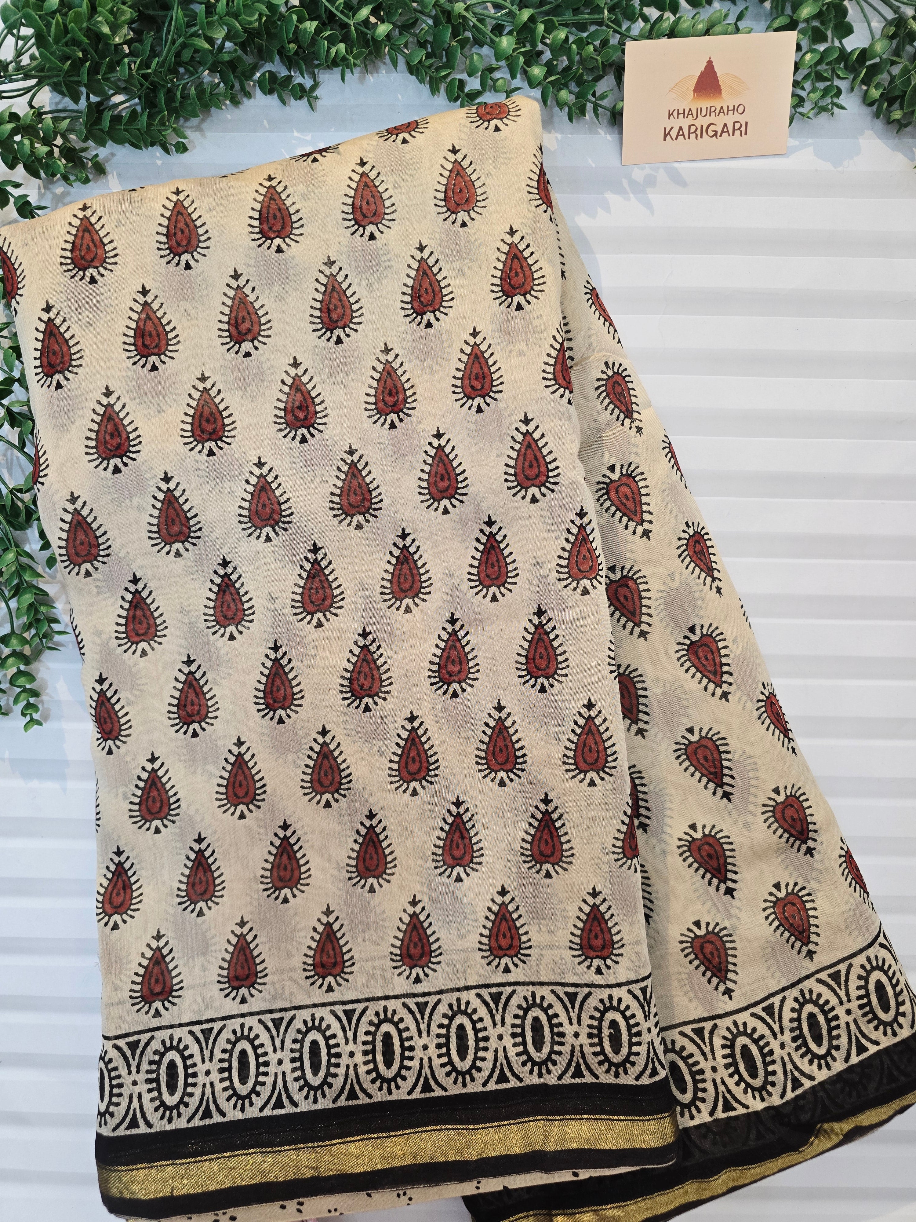 Chanderi Bagru Print Hand Block Print Saree- Beige & Black
