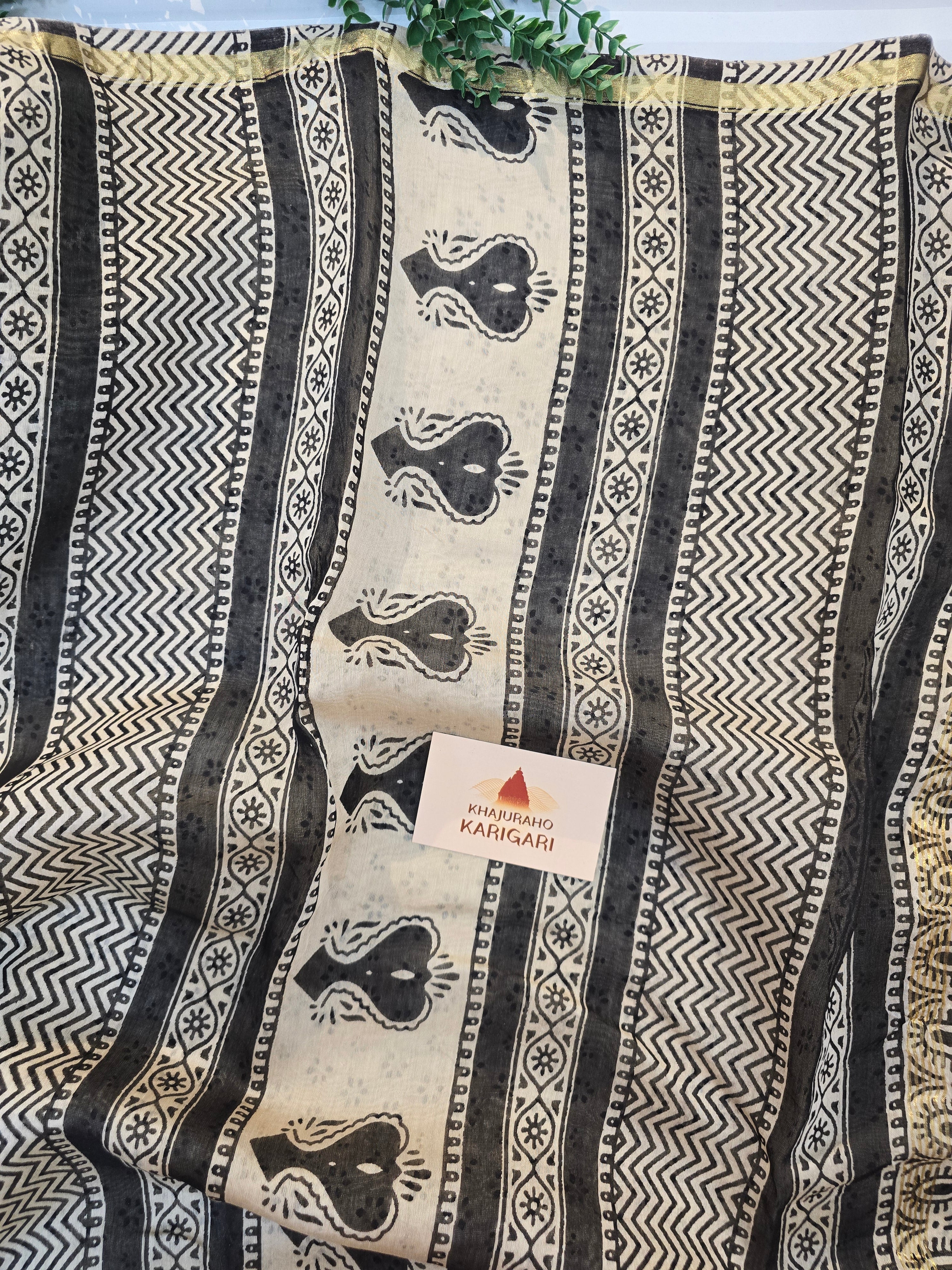 Chanderi Bagru Print Hand Block Print Saree- Beige & Black