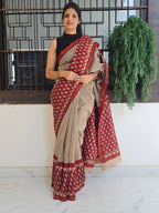 Hand block Printed Chanderi Silk Cotton Saree - Red Leaf