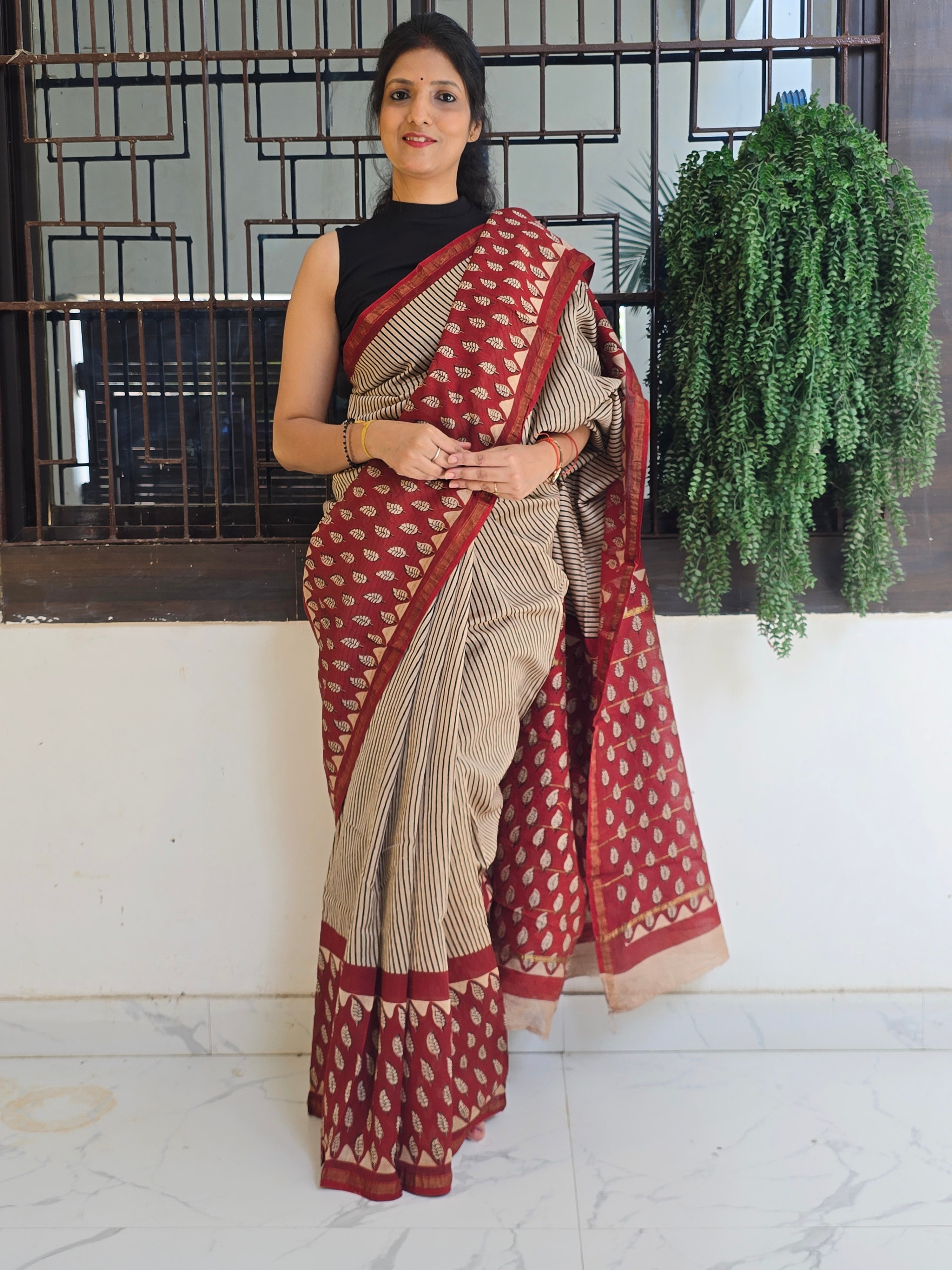 Hand block Printed Chanderi Silk Cotton Saree - Red Leaf