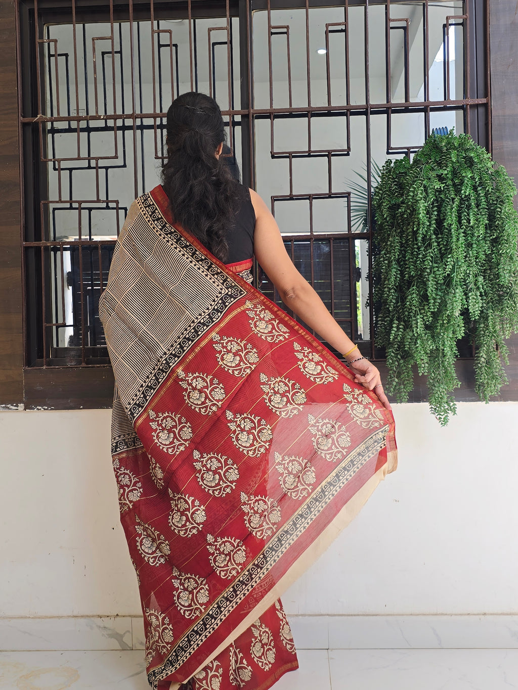 Hand block Printed Chanderi Silk Cotton Saree - Square Stripe
