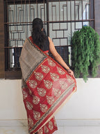 Hand block Printed Chanderi Silk Cotton Saree - Square Stripe