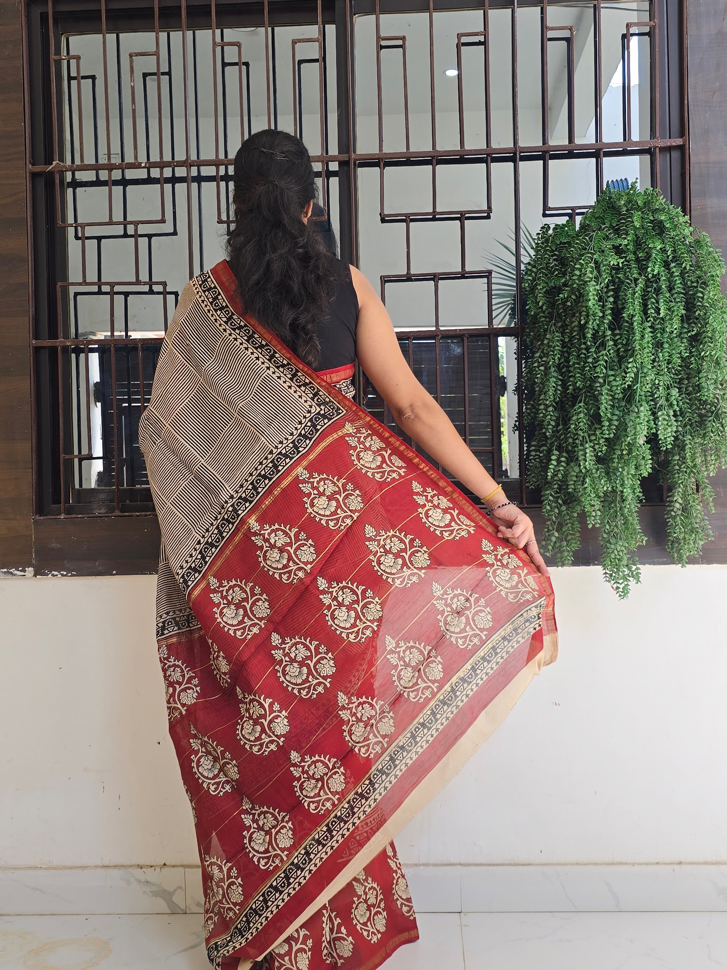 Hand block Printed Chanderi Silk Cotton Saree - Square Stripe