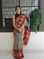 Hand block Printed Chanderi Silk Cotton Saree - Square Stripe