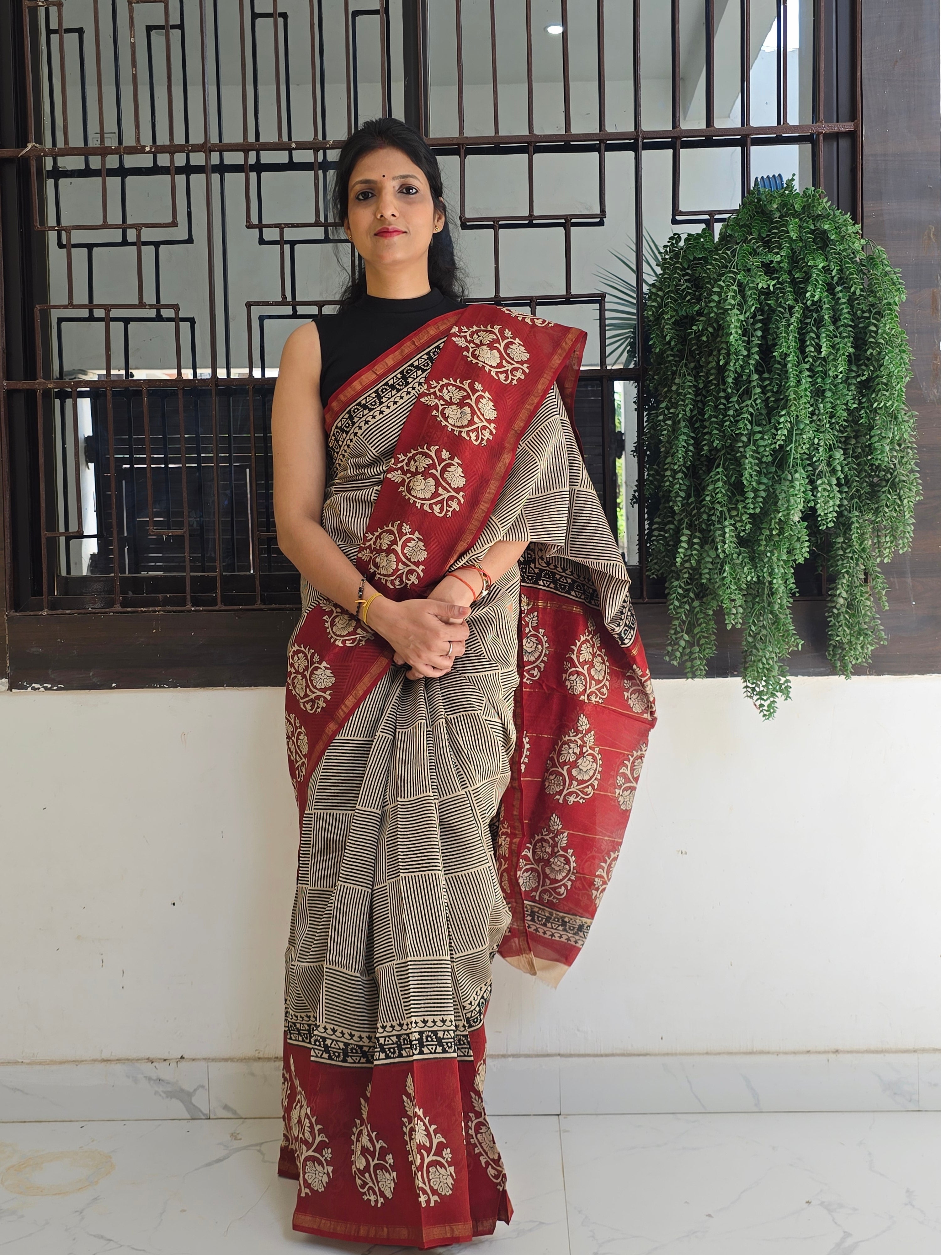 Hand block Printed Chanderi Silk Cotton Saree - Square Stripe