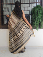 Chanderi Bagru Print Hand Block Print Saree- Beige & Black