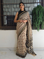 Chanderi Bagru Print Hand Block Print Saree- Beige & Black