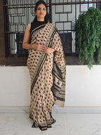 Chanderi Bagru Print Hand Block Print Saree- Beige & Black