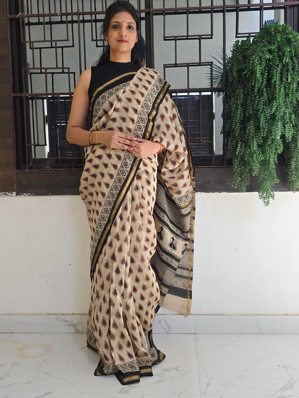 Chanderi Bagru Print Hand Block Print Saree- Beige & Black