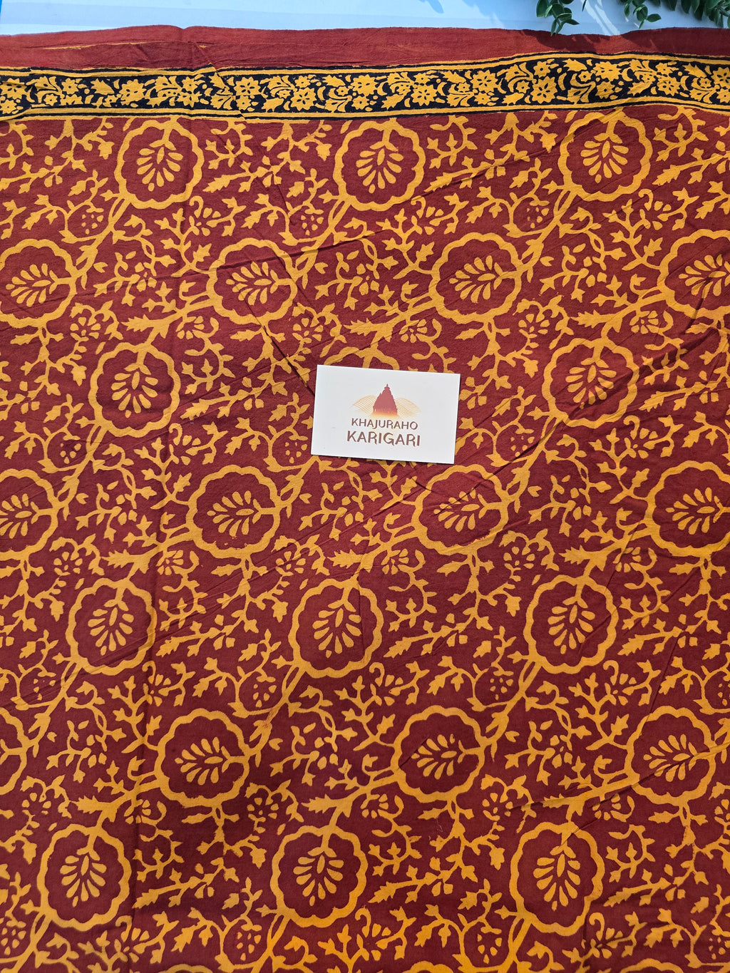 Bagh Hand Block Print Mul Cotton Saree – Mustard Yellow and Maroon