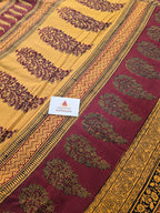 Bagh Hand Block Print Mul Cotton Saree – Mustard Yellow and Maroon