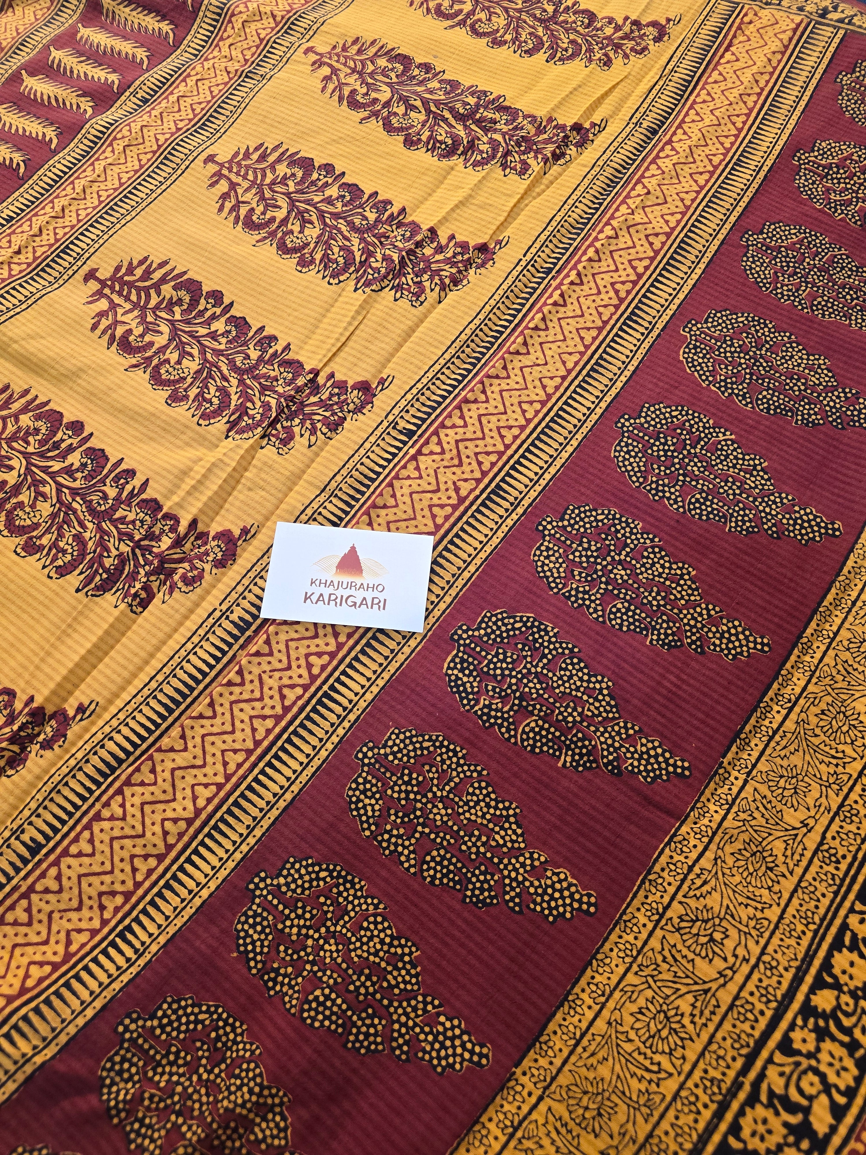 Bagh Hand Block Print Mul Cotton Saree – Mustard Yellow and Maroon