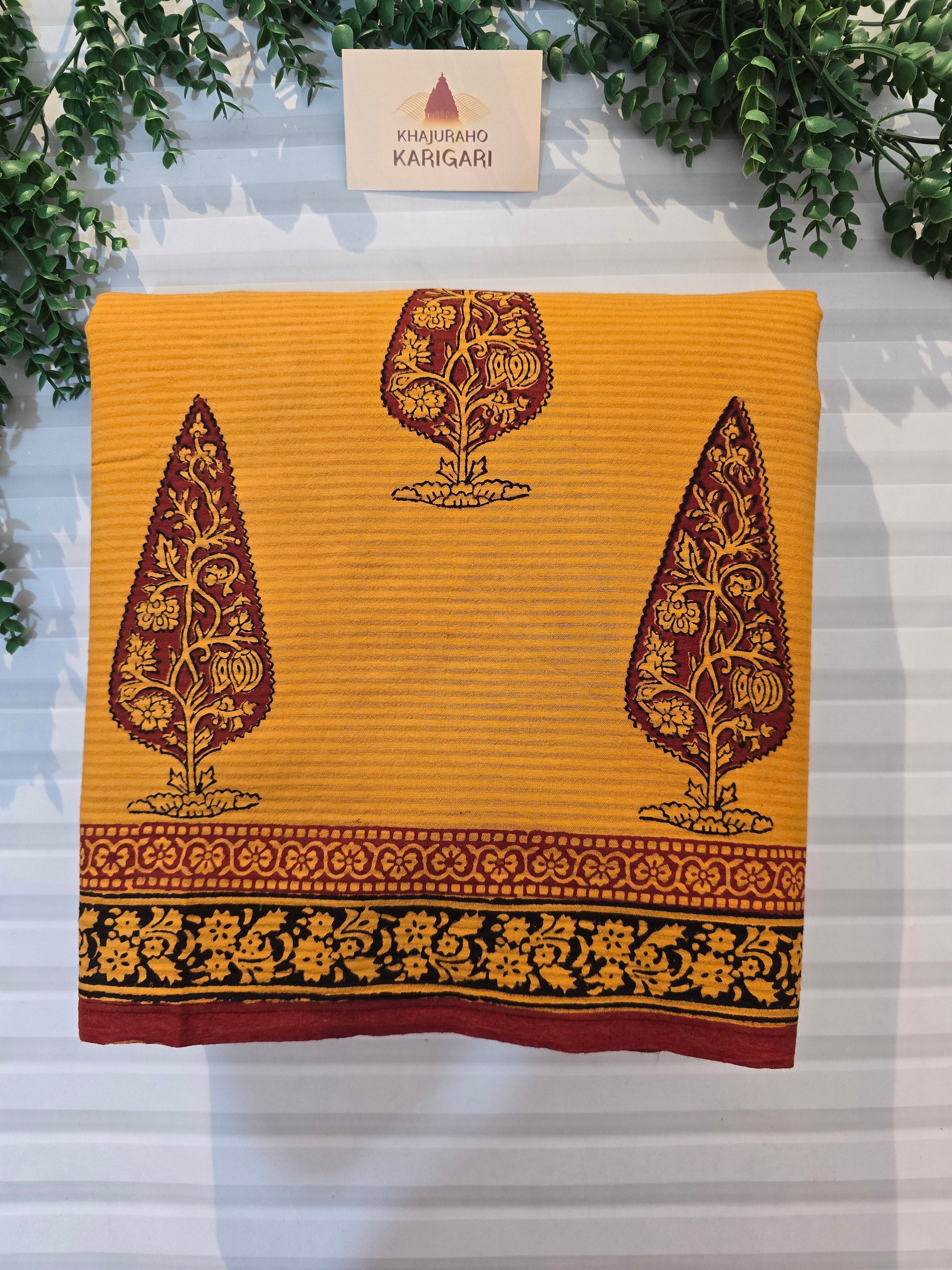 Bagh Hand Block Print Mul Cotton Saree – Mustard Yellow and Maroon
