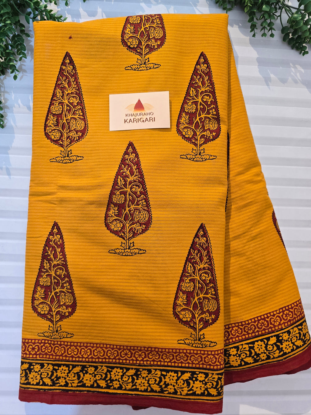 Bagh Hand Block Print Mul Cotton Saree – Mustard Yellow and Maroon