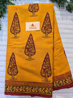 Bagh Hand Block Print Mul Cotton Saree – Mustard Yellow and Maroon