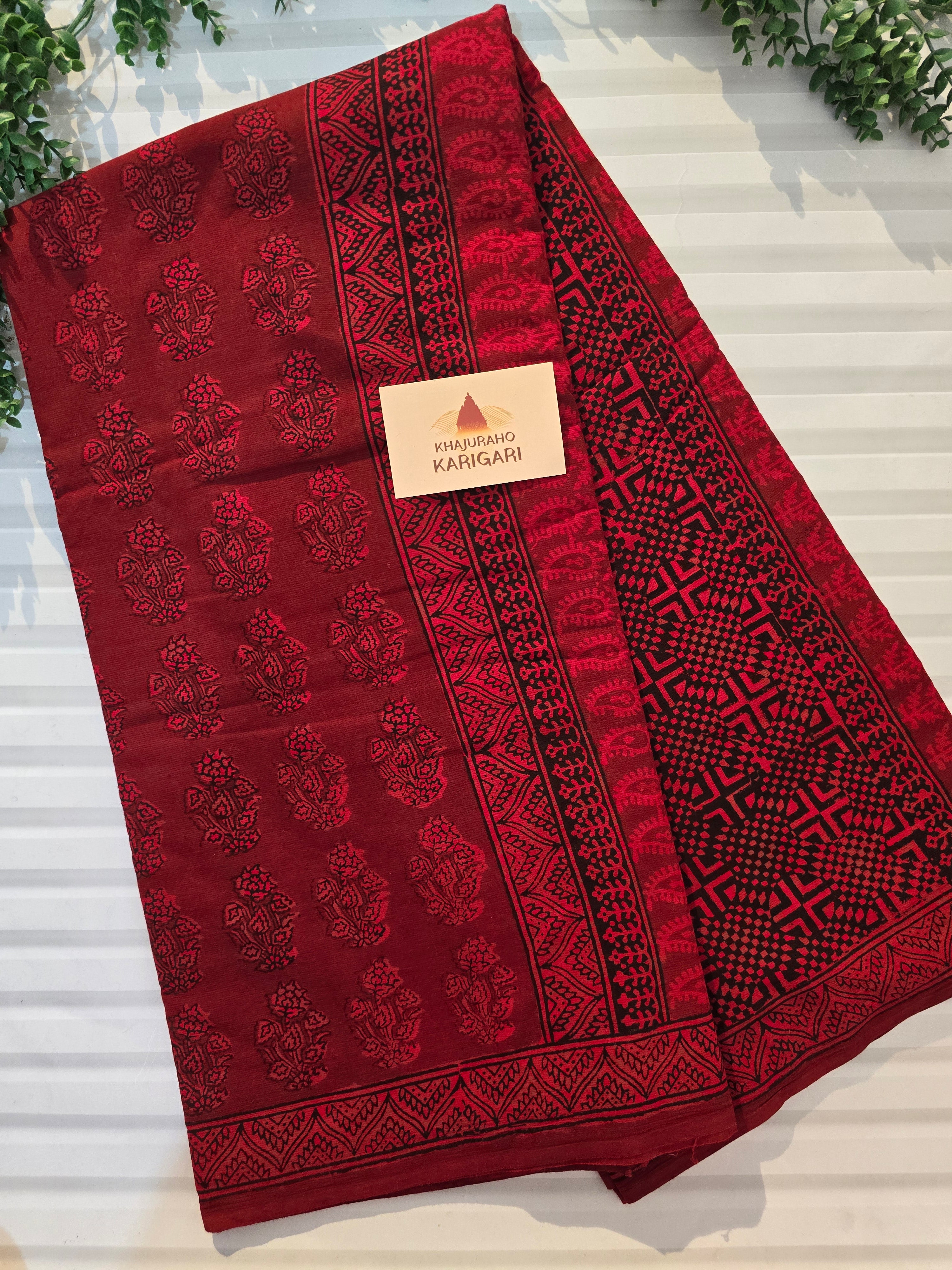 Bagh Hand Block Print Mul Cotton Saree – Red and Black