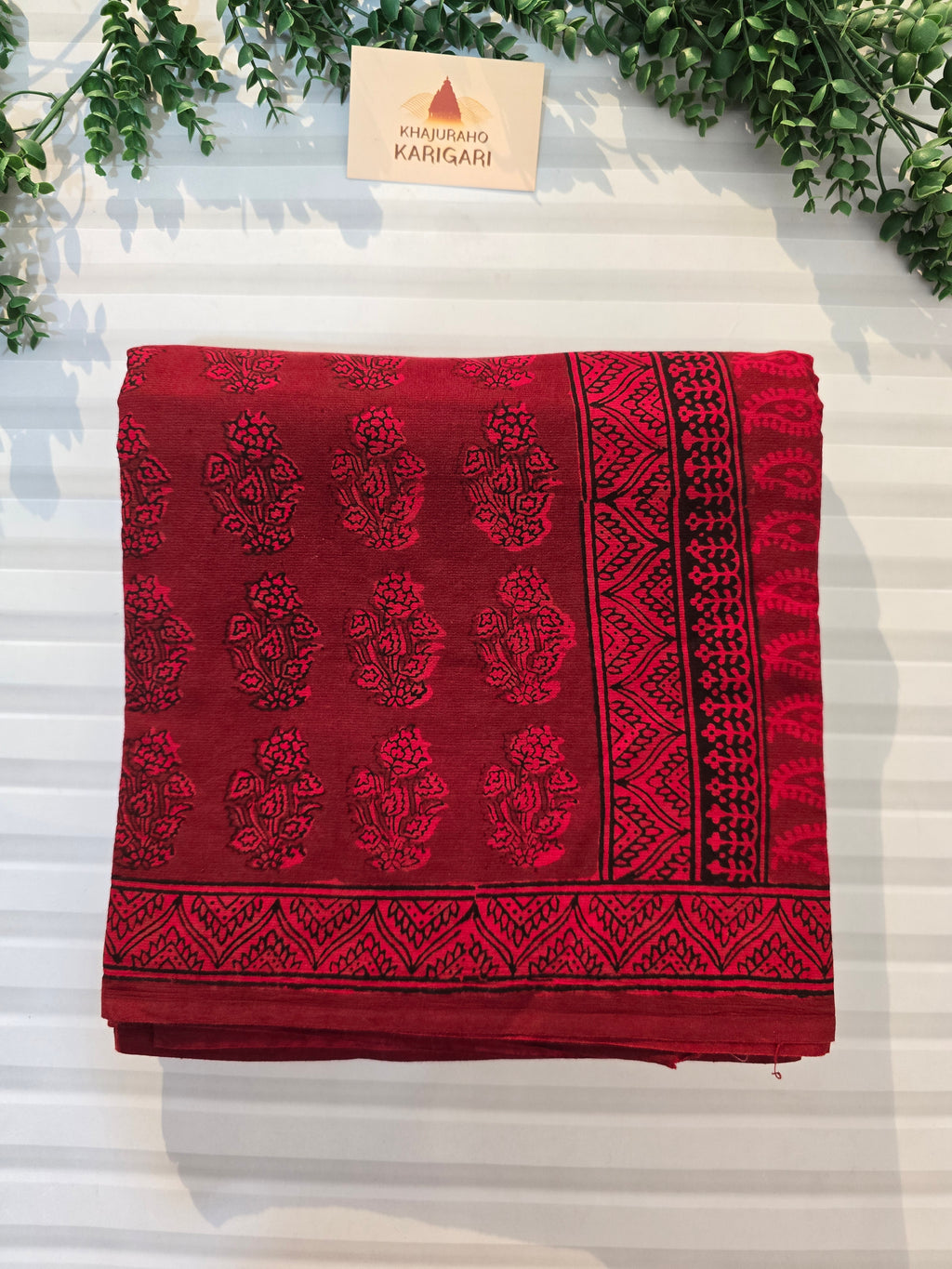 Bagh Hand Block Print Mul Cotton Saree – Red and Black