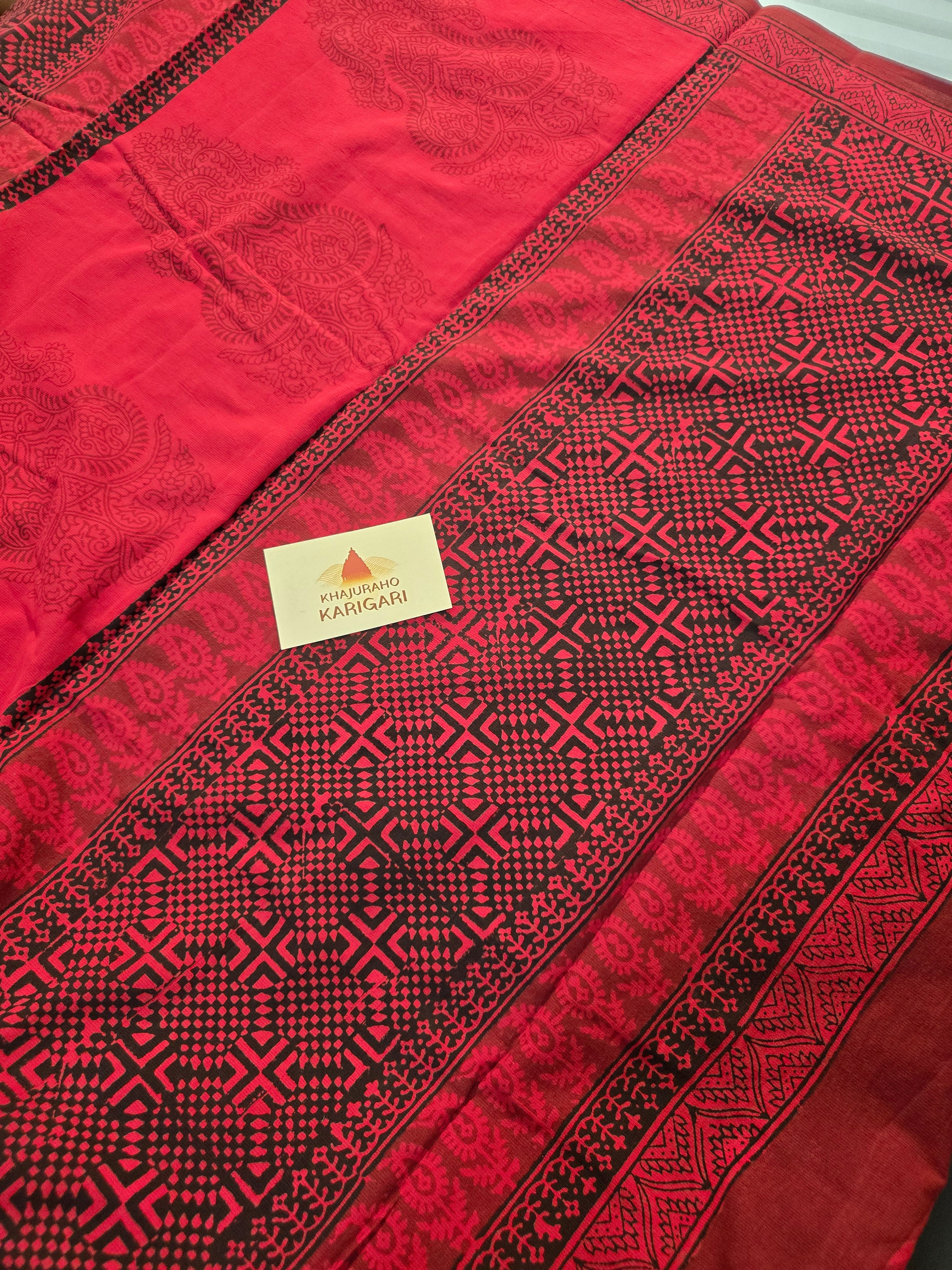 Bagh Hand Block Print Mul Cotton Saree – Red and Black
