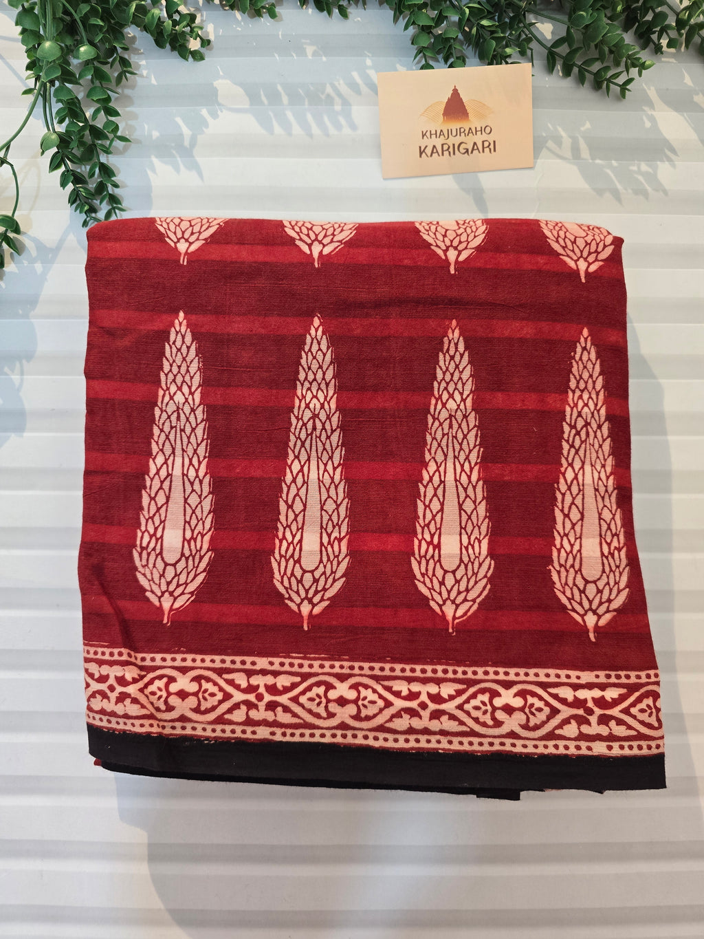 Bagh Hand Block Print Mul Cotton Saree – Red and White