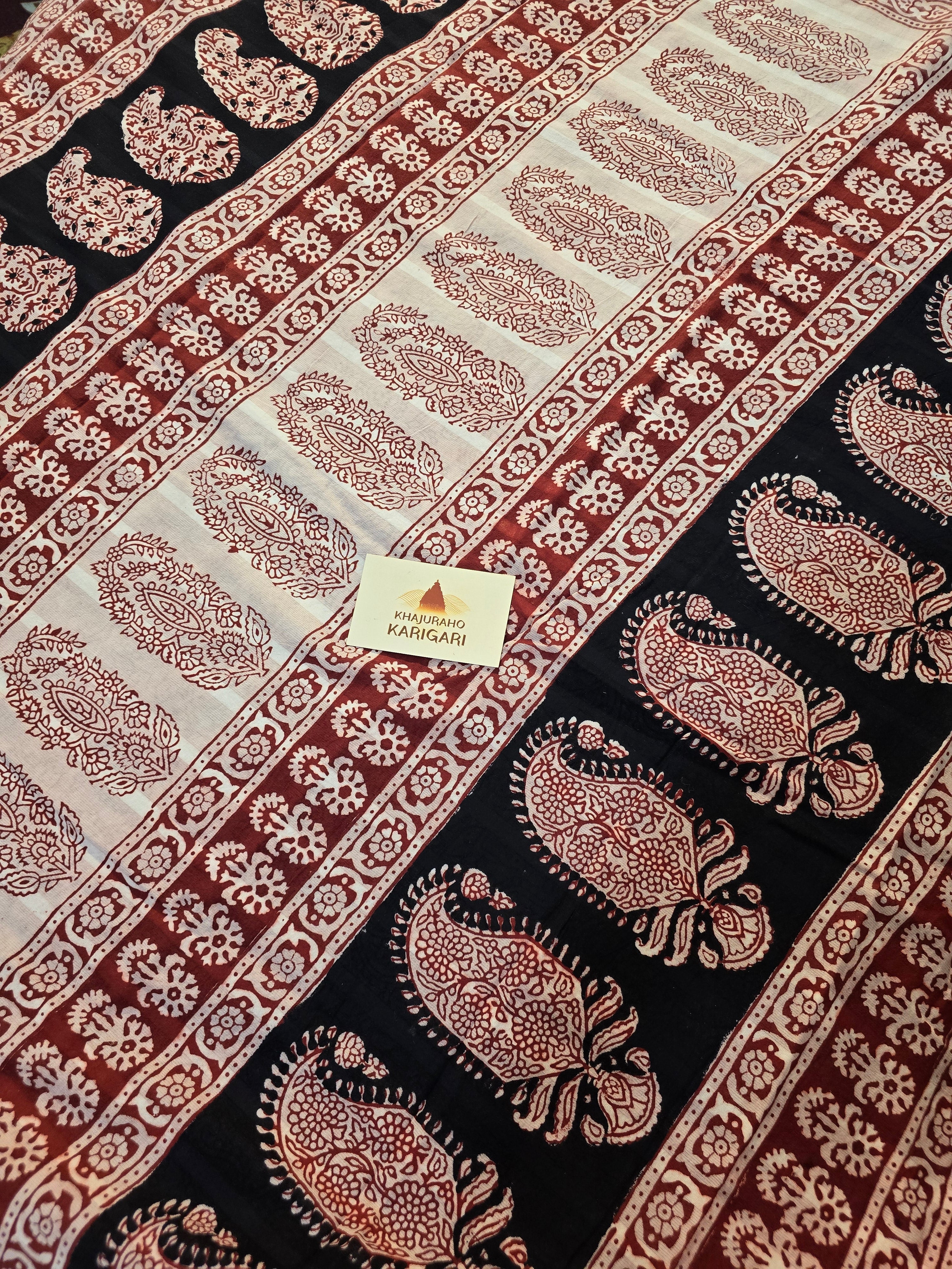 Bagh Hand Block Print Mul Cotton Saree – Red and White